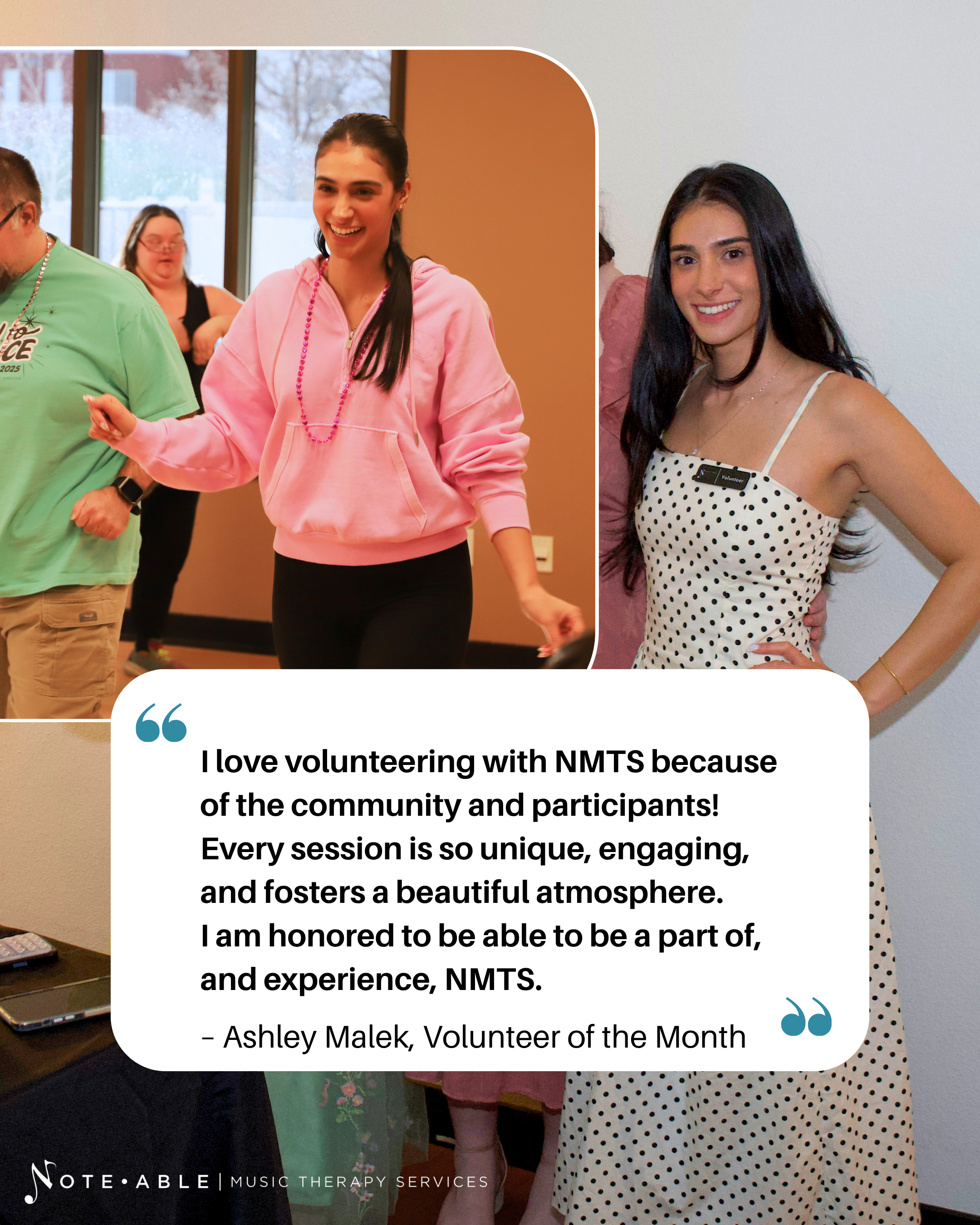 Photos of volunteer of the month with a quote reflecting why she loves volunteering at NMTS.