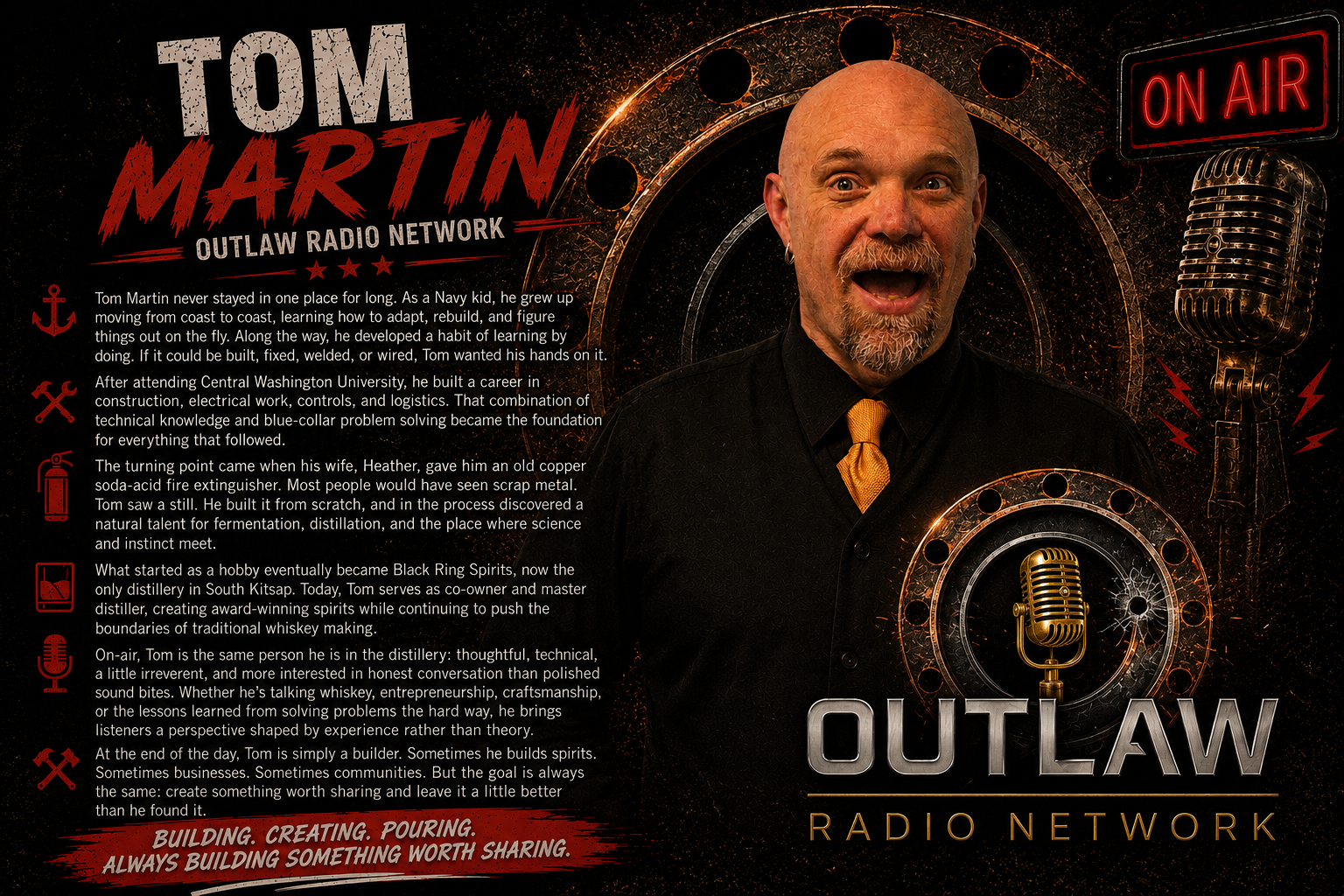 Promotional poster featuring Tom Martin for Outlaw Radio Network. It includes a large photo of Tom Martin, a microphone image, an 'On Air' sign, and text about his background and career. The poster has a dark background with red, gold, and gray accents.