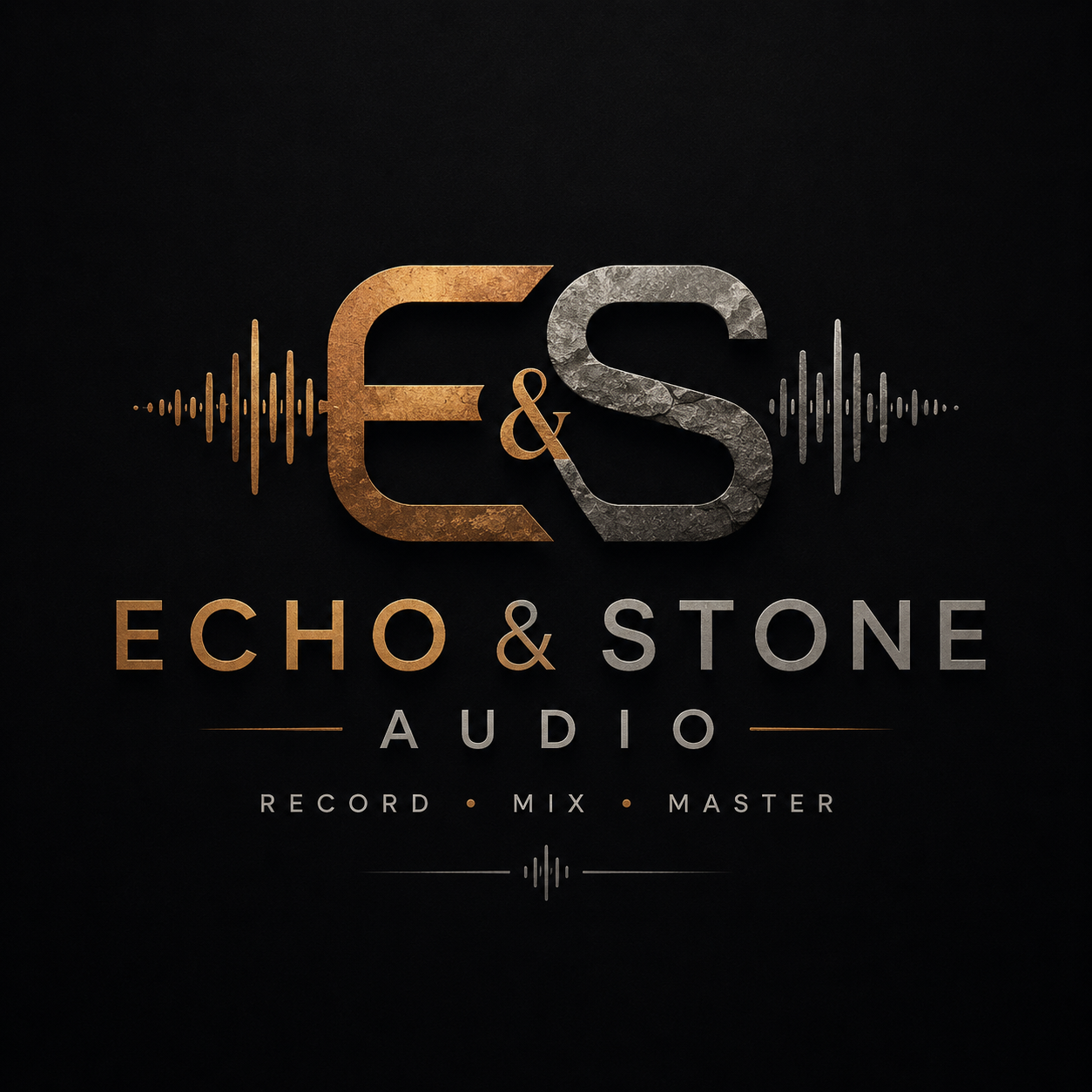 Logo for Echo & Stone Audio with metallic letters E and S, sound wave graphics, and text 'ECHO & STONE AUDIO RECORD MIX MASTER' on a black background.