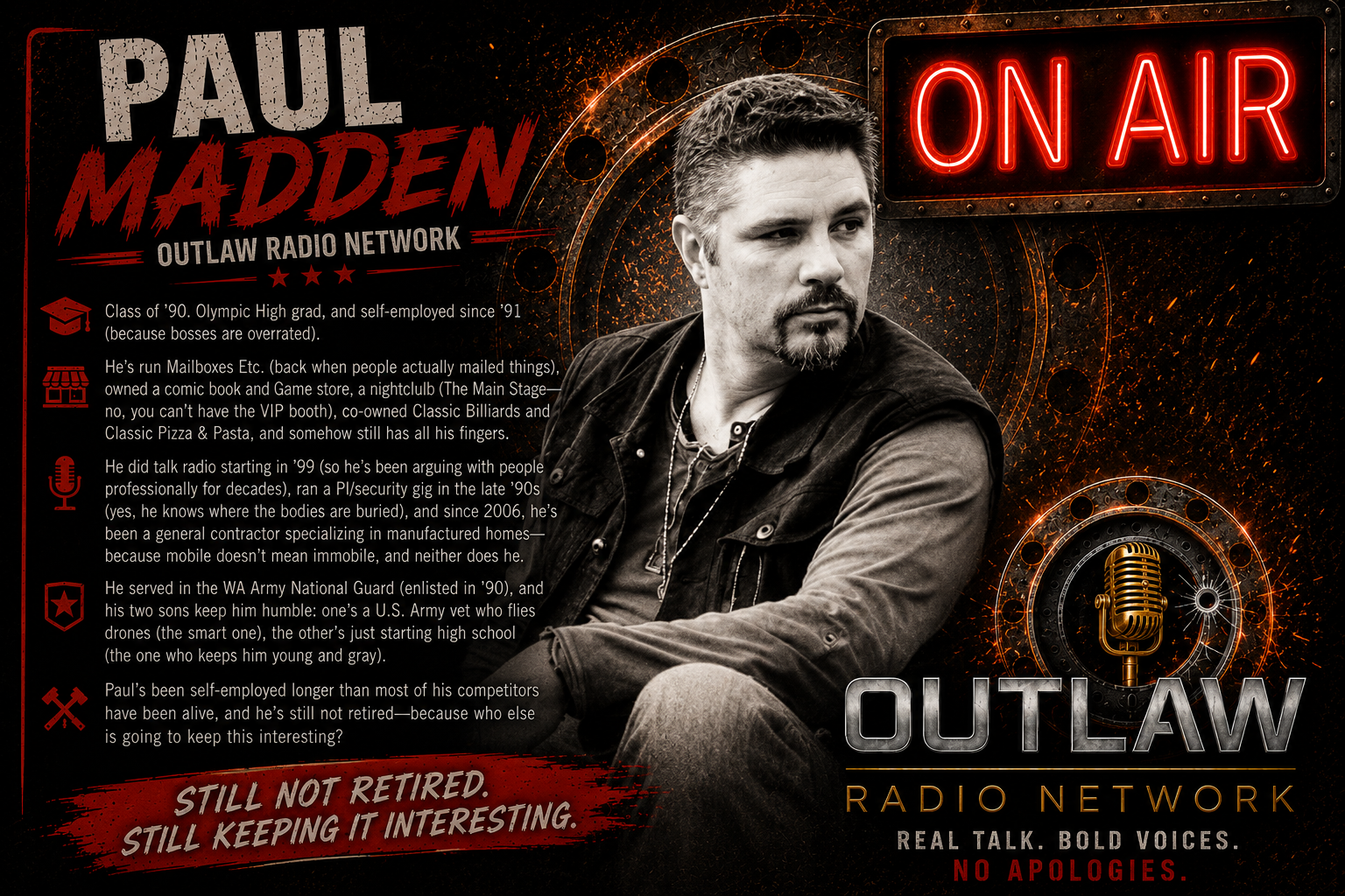 Promotional poster featuring a black and white photo of a man with short hair, a mustache, and goatee, wearing a dark jacket, sitting with crossed arms. Text on the poster includes: "Paul Madden Outlaw Radio Network," "On Air" in bright red neon, and additional biographical information about Paul Madden. The poster contains a large vintage microphone graphic, a neon