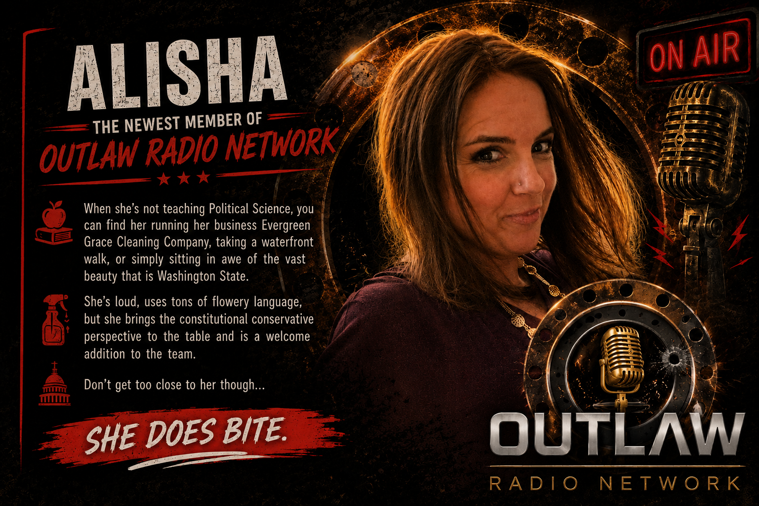 Promotional graphic featuring Alisha, a new member of Outlaw Radio Network, with a close-up of her face. The design includes microphones, a red 'On Air' sign, and text highlighting her personality and background. The text reads: 'Alisha, the newest member of Outlaw Radio Network,' with a description about her activities and personality traits, ending with 'She does bite.' The design has a dark background with red, white, and gold accents.