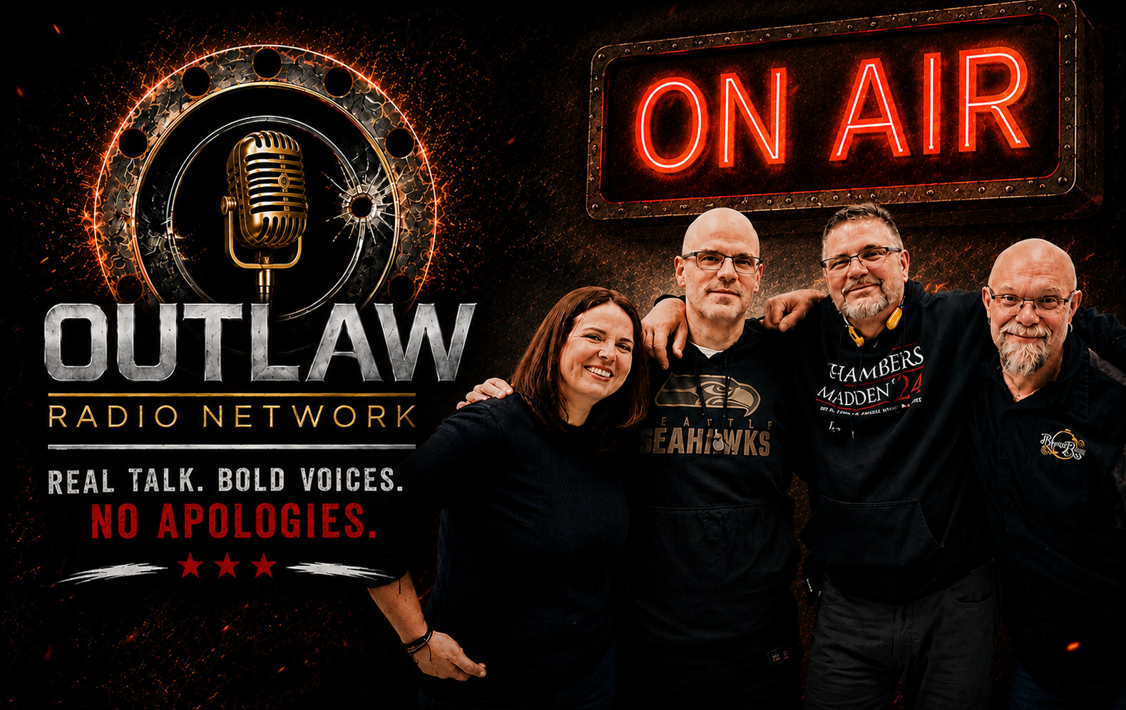 A promotional graphic for Outlaw Radio Network featuring four smiling individuals with their arms around each other. The background includes a neon 'On Air' sign, a large vintage microphone, and fiery effects. The slogan reads, 'Real talk. Bold voices. No apologies.'