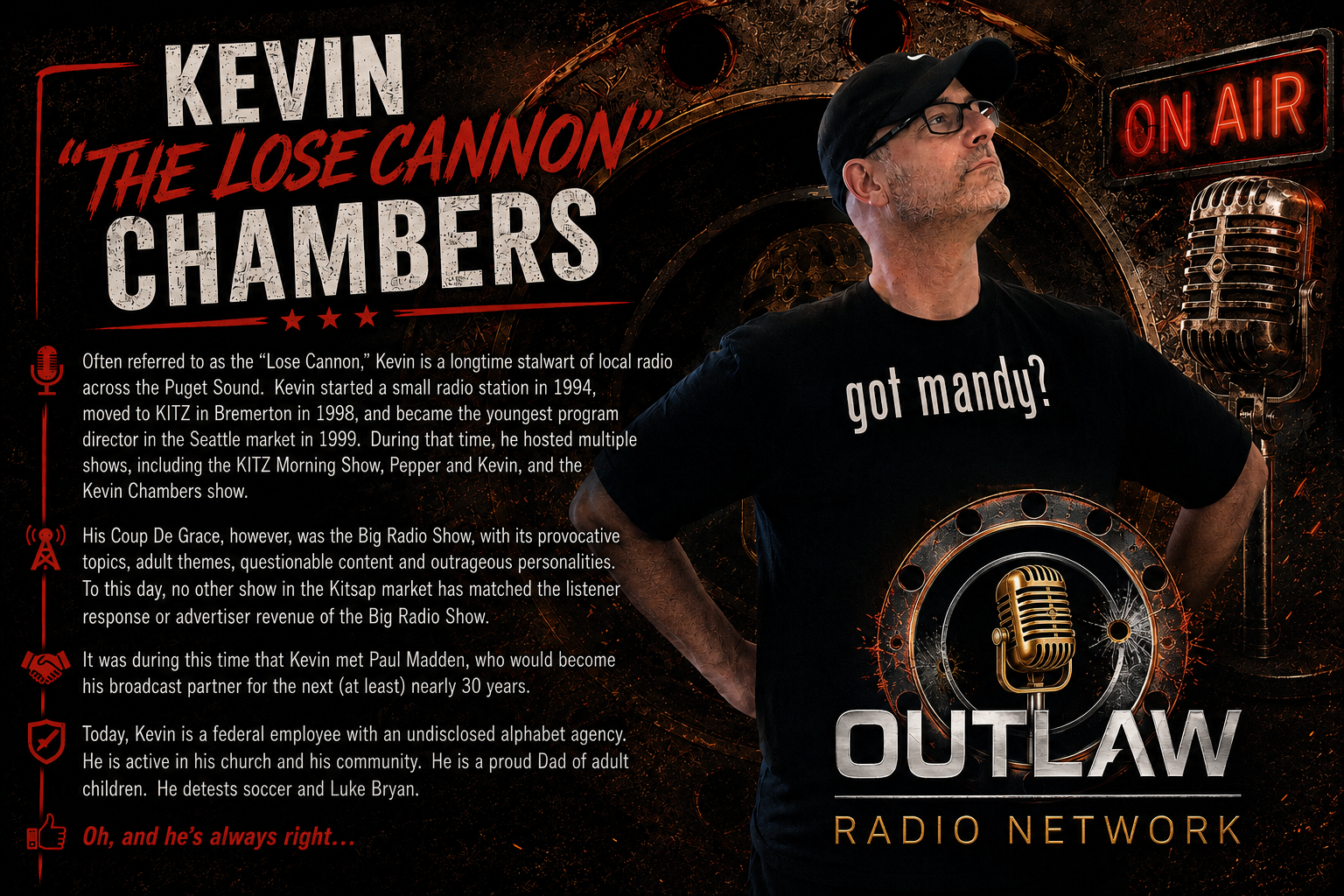 A promotional graphic for Kevin 'The Lose Cannon' Chambers with a dark, fiery background. It features a man wearing a black cap, black glasses, and a black T-shirt that says 'got mandy?'. There is a vintage microphone and an 'On Air' sign, along with text detailing his radio career and personal life.