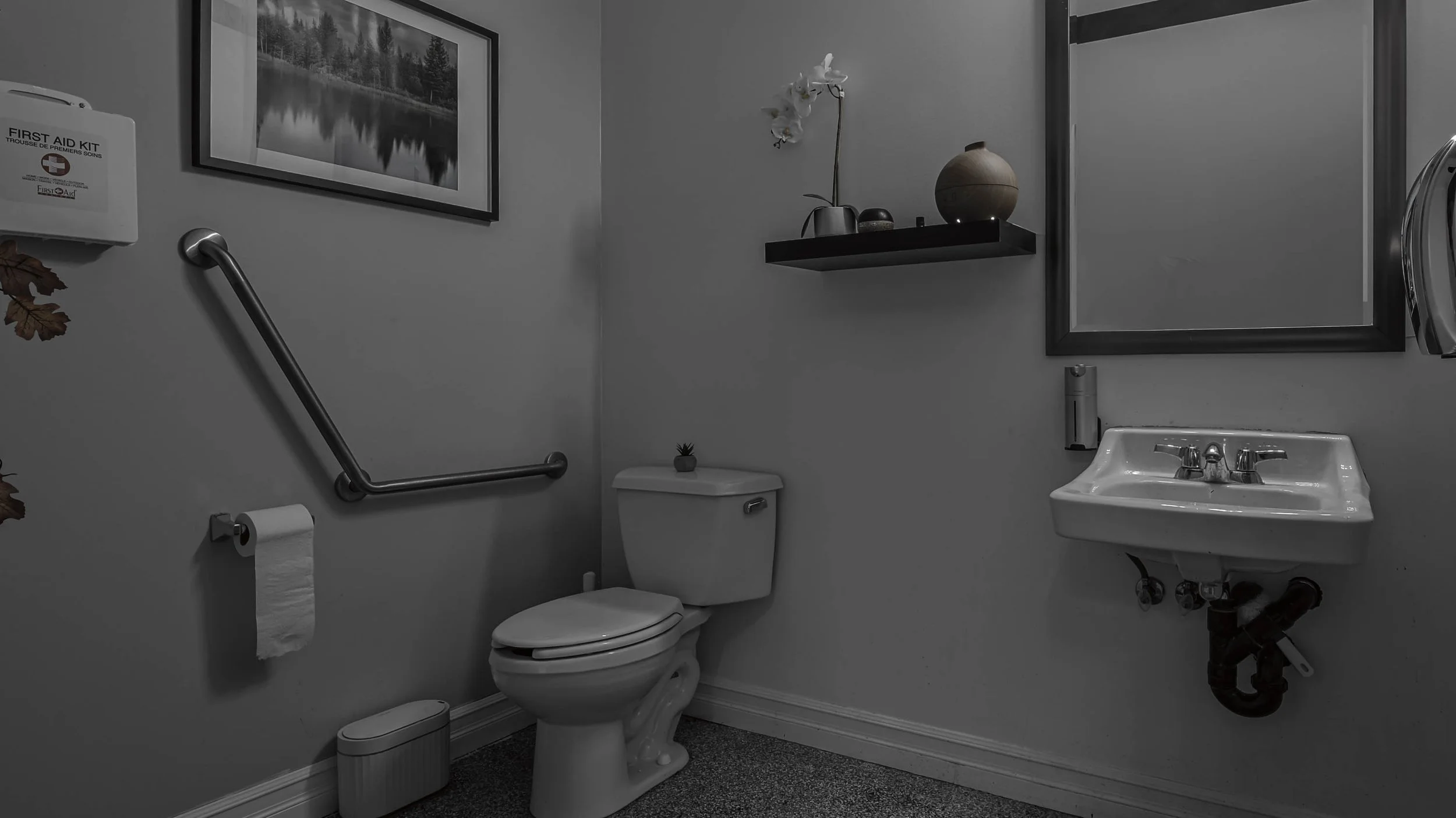 A clean, gray-colored bathroom with a toilet, a small sink, a mirror, a shelf with decorative items, a framed landscape photograph, and a first aid kit on the wall. There is a gray floor and a gray wall with a handrail and toilet paper holder.