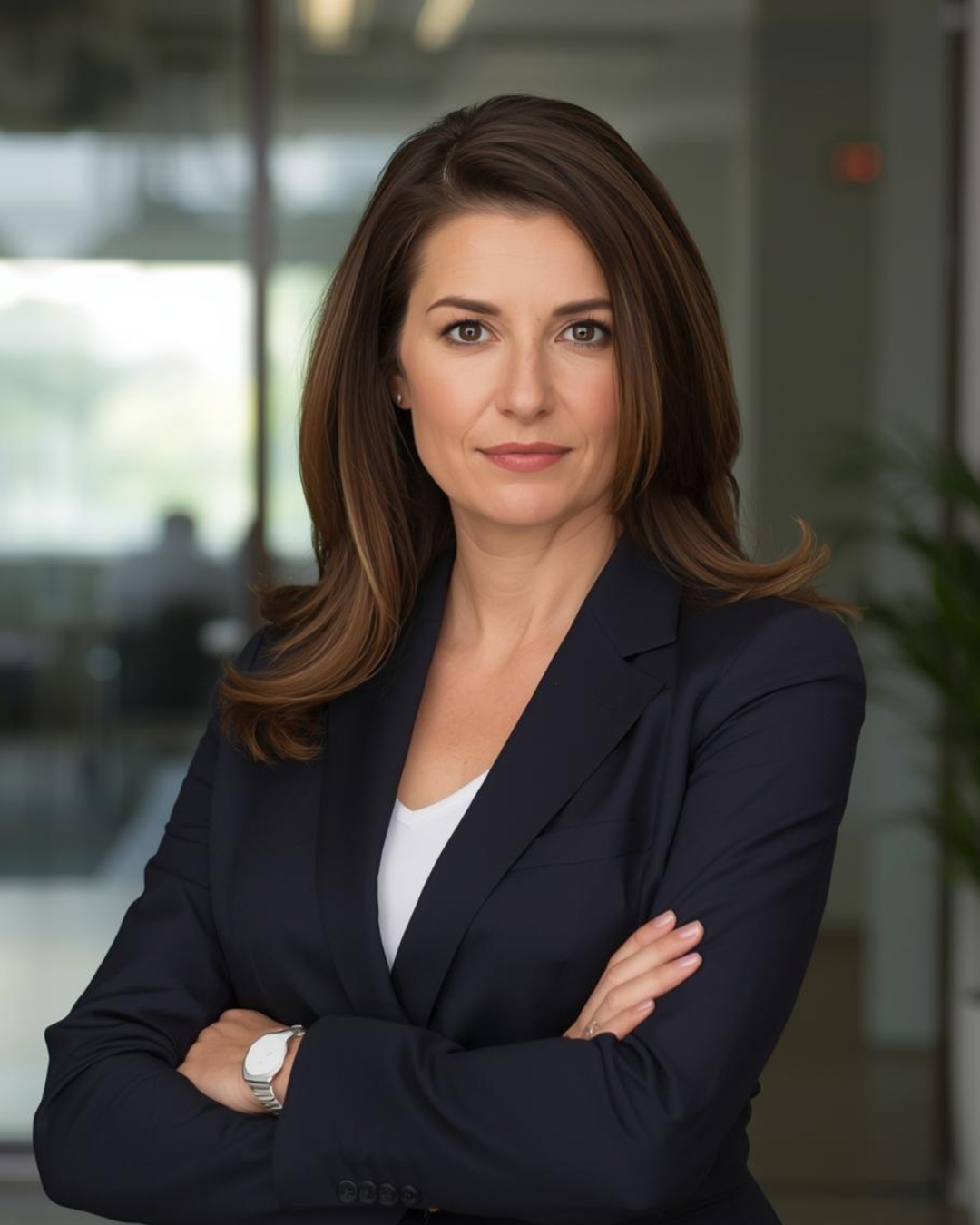 Professional woman with brown hair wearing a navy blazer, standing with arms crossed in an office setting.