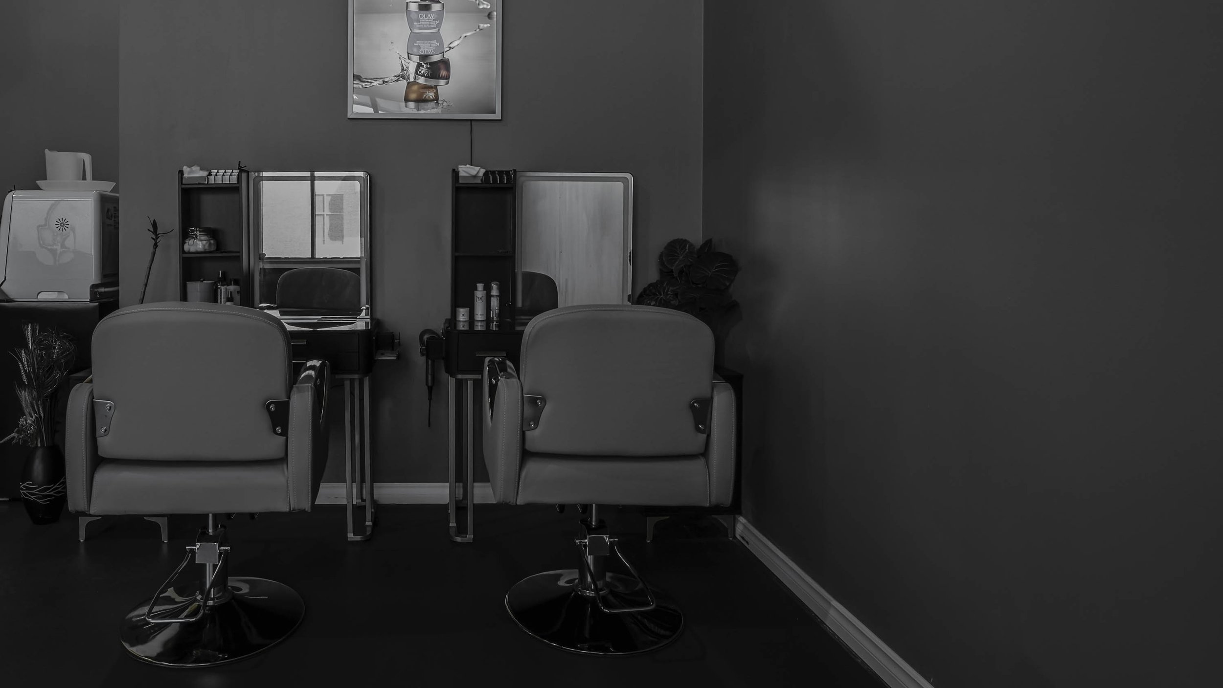 Salon interior with two empty hairstyling chairs, mirrors, shelves with hair products, an abstract painting on the wall, and a potted plant in a hair salon, in black and white.