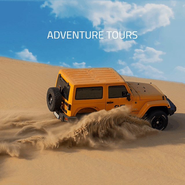 Orange off-road vehicle driving through sandy desert dunes with dust clouds, under a blue sky with clouds, promoting adventure tours.