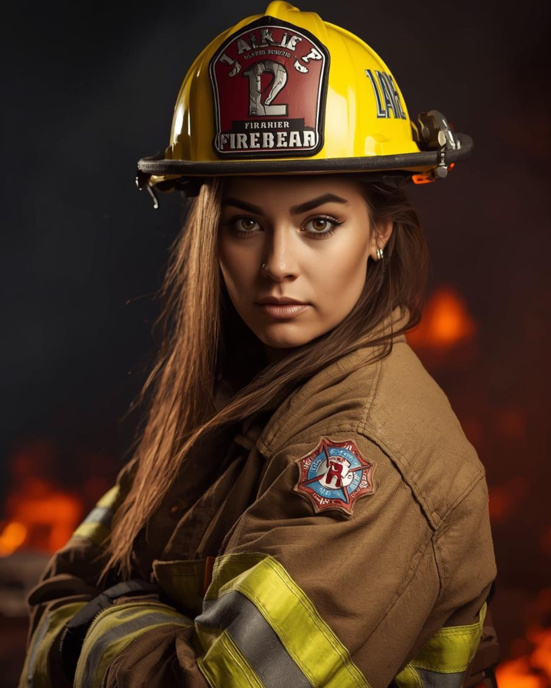 A female firefighter wearing a yellow helmet and a tan uniform with reflective stripes, standing against a smoky background with orange flames.