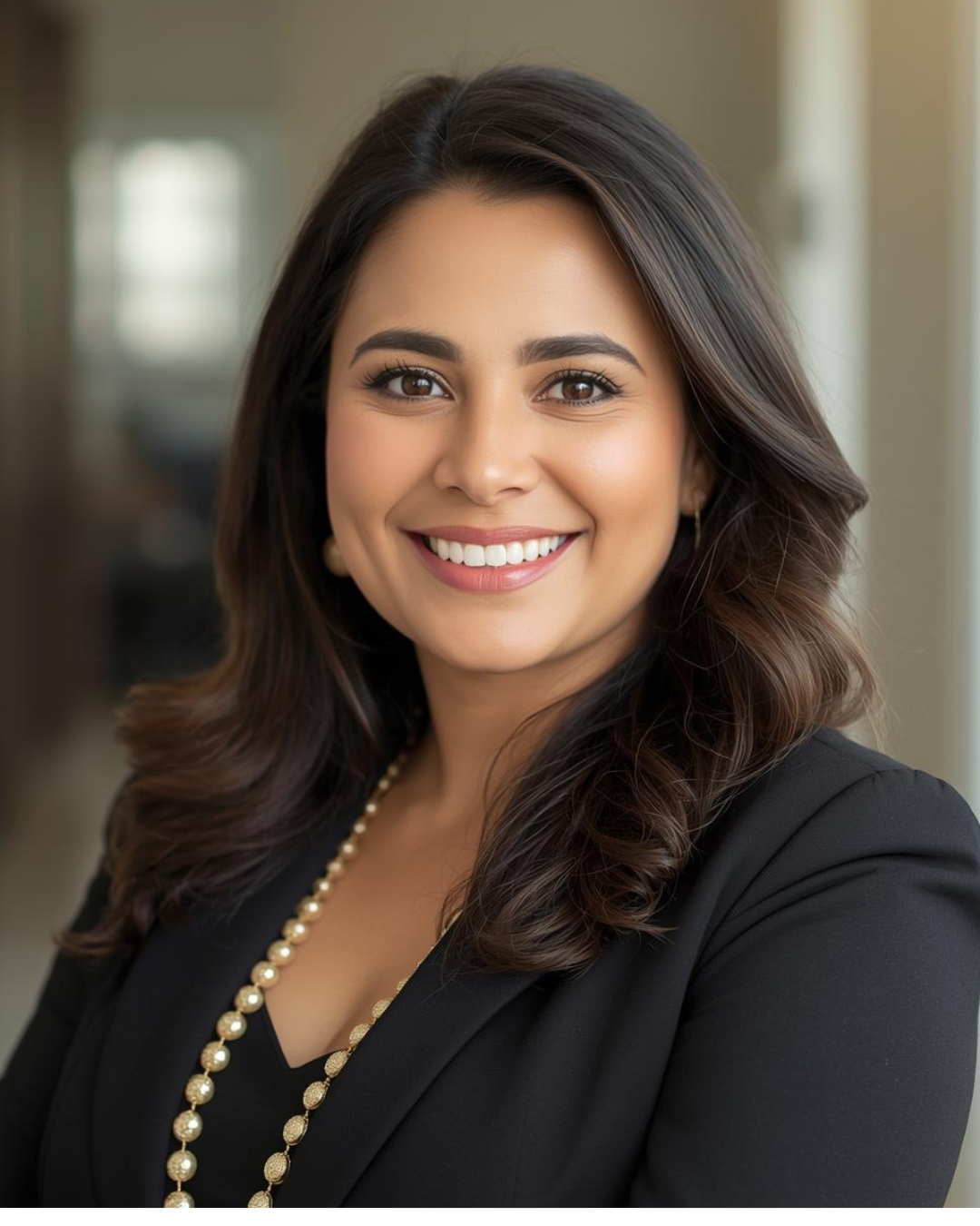 A professional woman with brown hair in loose waves, smiling, wearing a black blazer and a string of pearls.