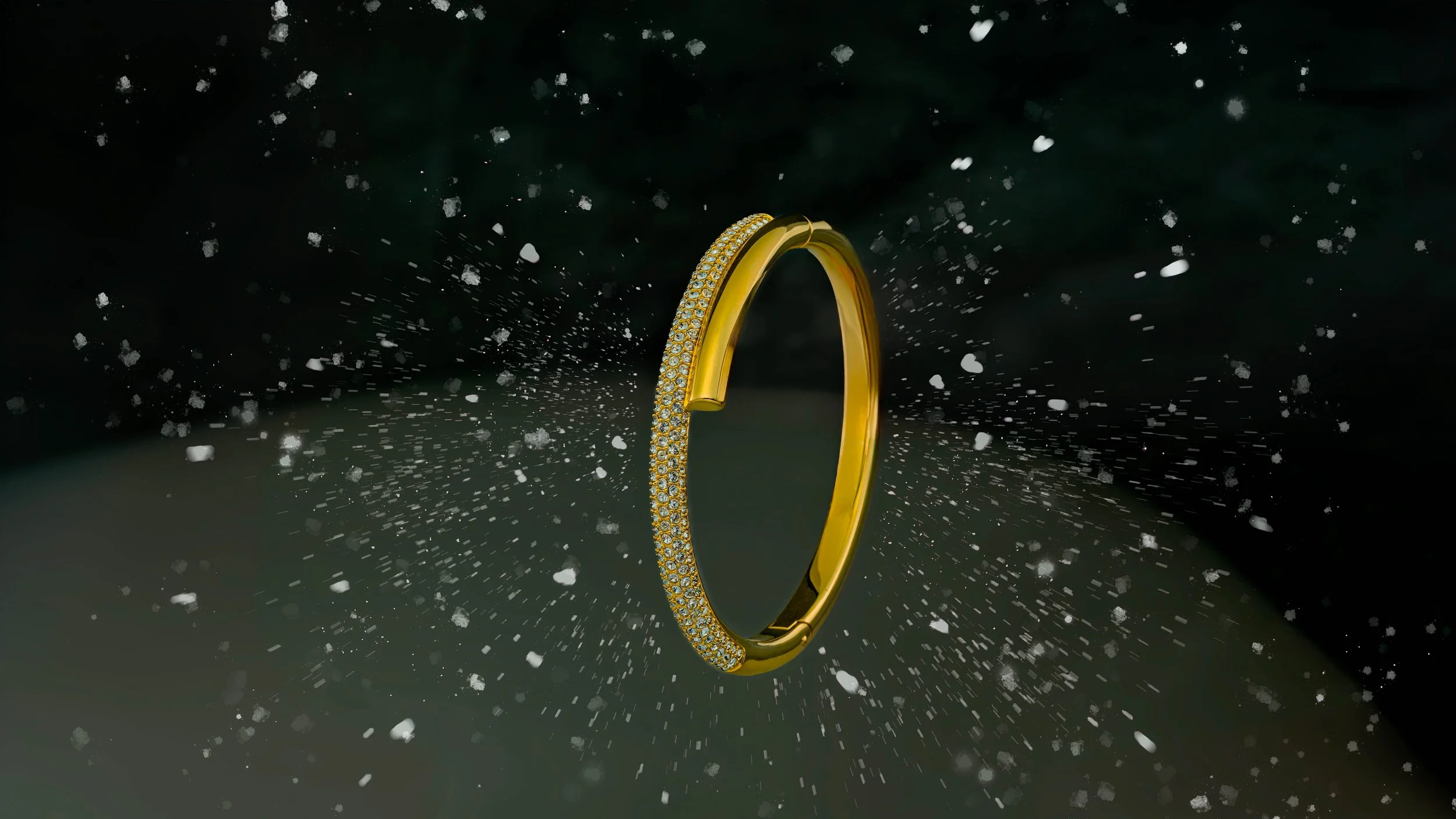 A gold bracelet with embedded diamonds floating in front of a dark background with white particles.