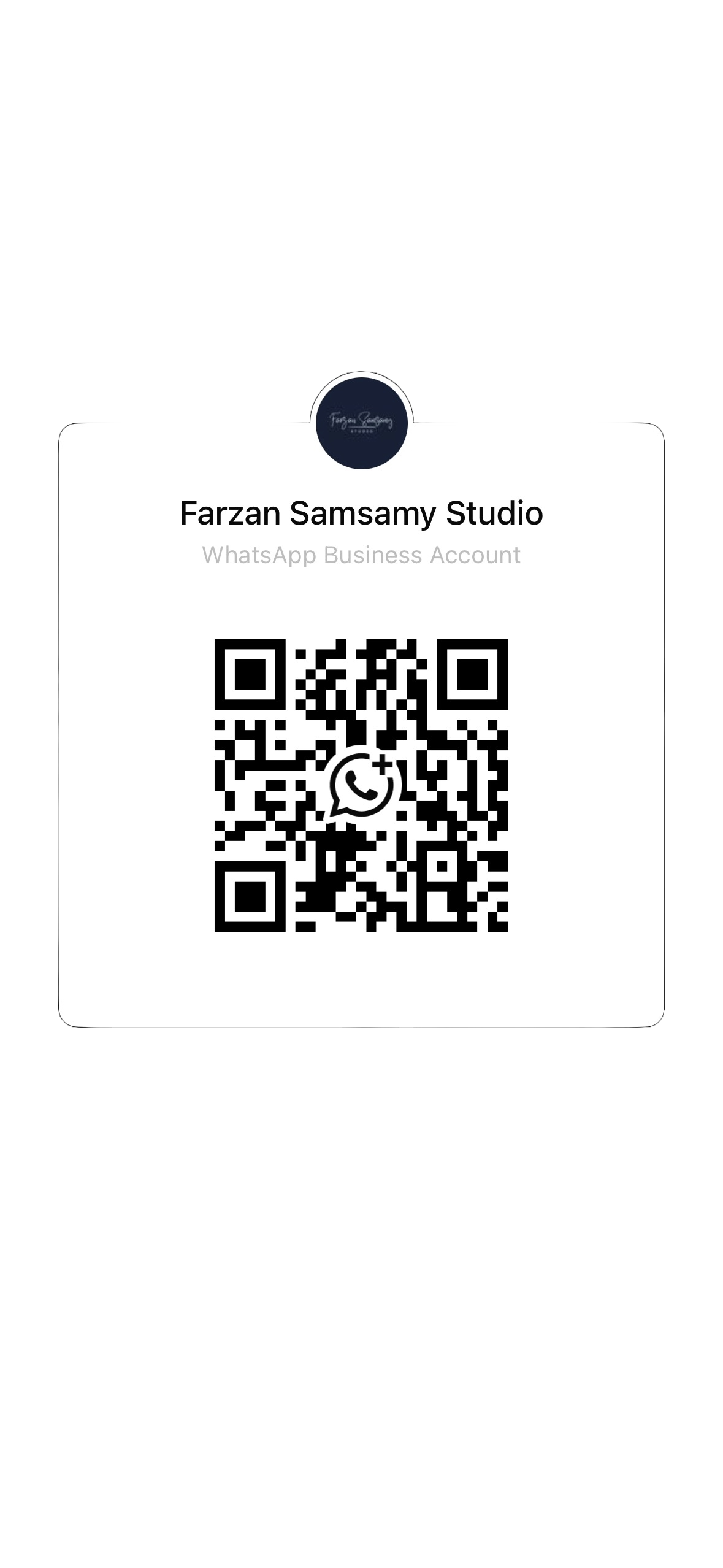 WhatsApp Business QR code for Farzan Samsamy Studio, with a circular logo at the top and a black background.