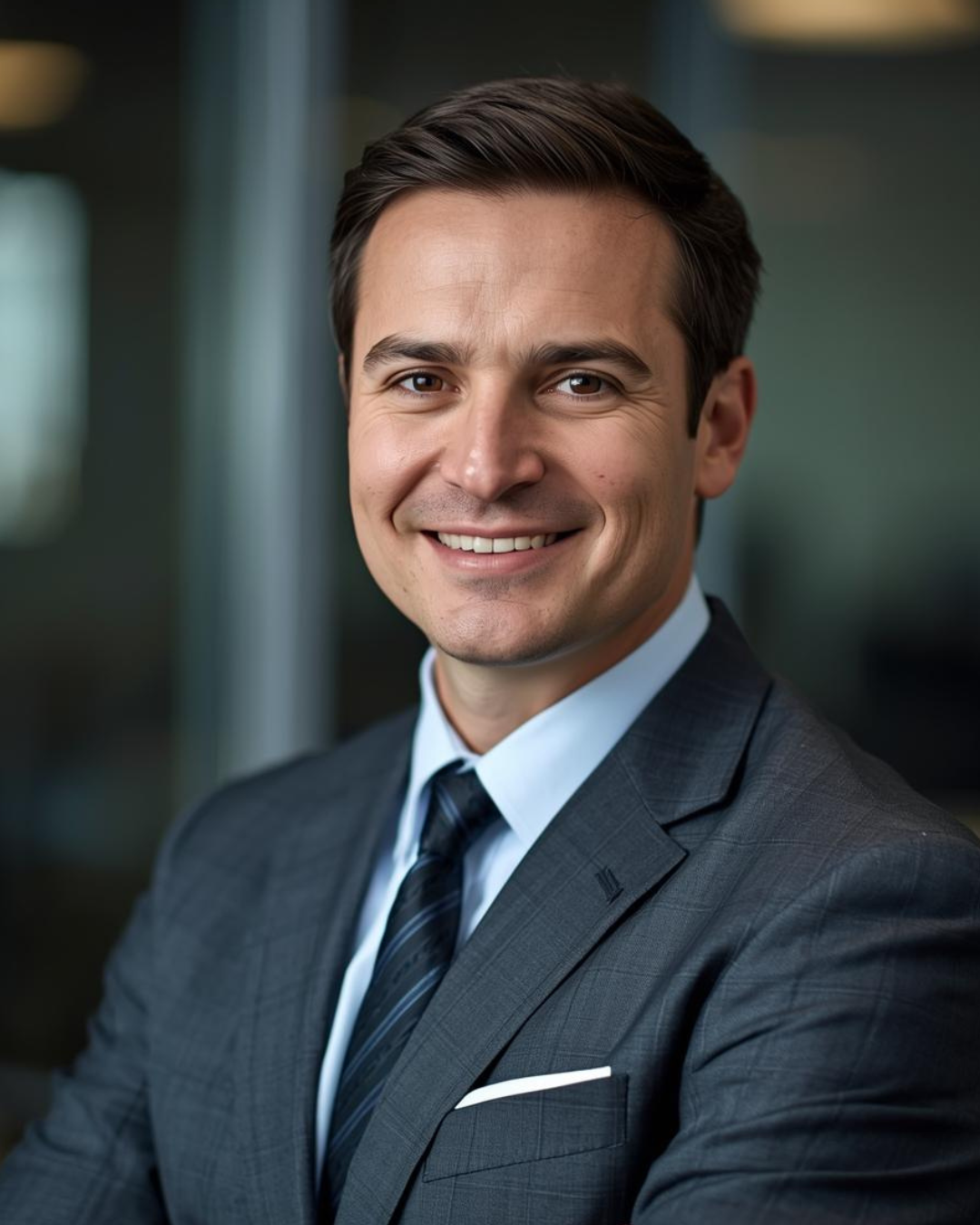 A smiling man in a gray suit, white shirt, and dark striped tie, with short dark hair, posing indoors.