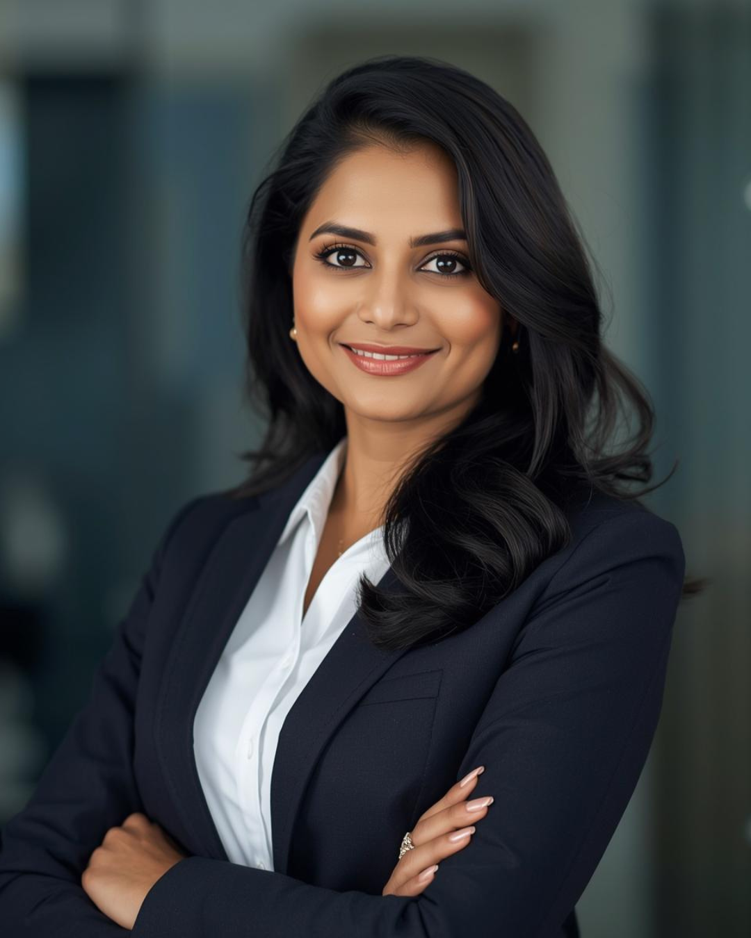 Professional woman with long black hair, wearing a navy blazer and white shirt, smiling confidently with crossed arms in an office setting.