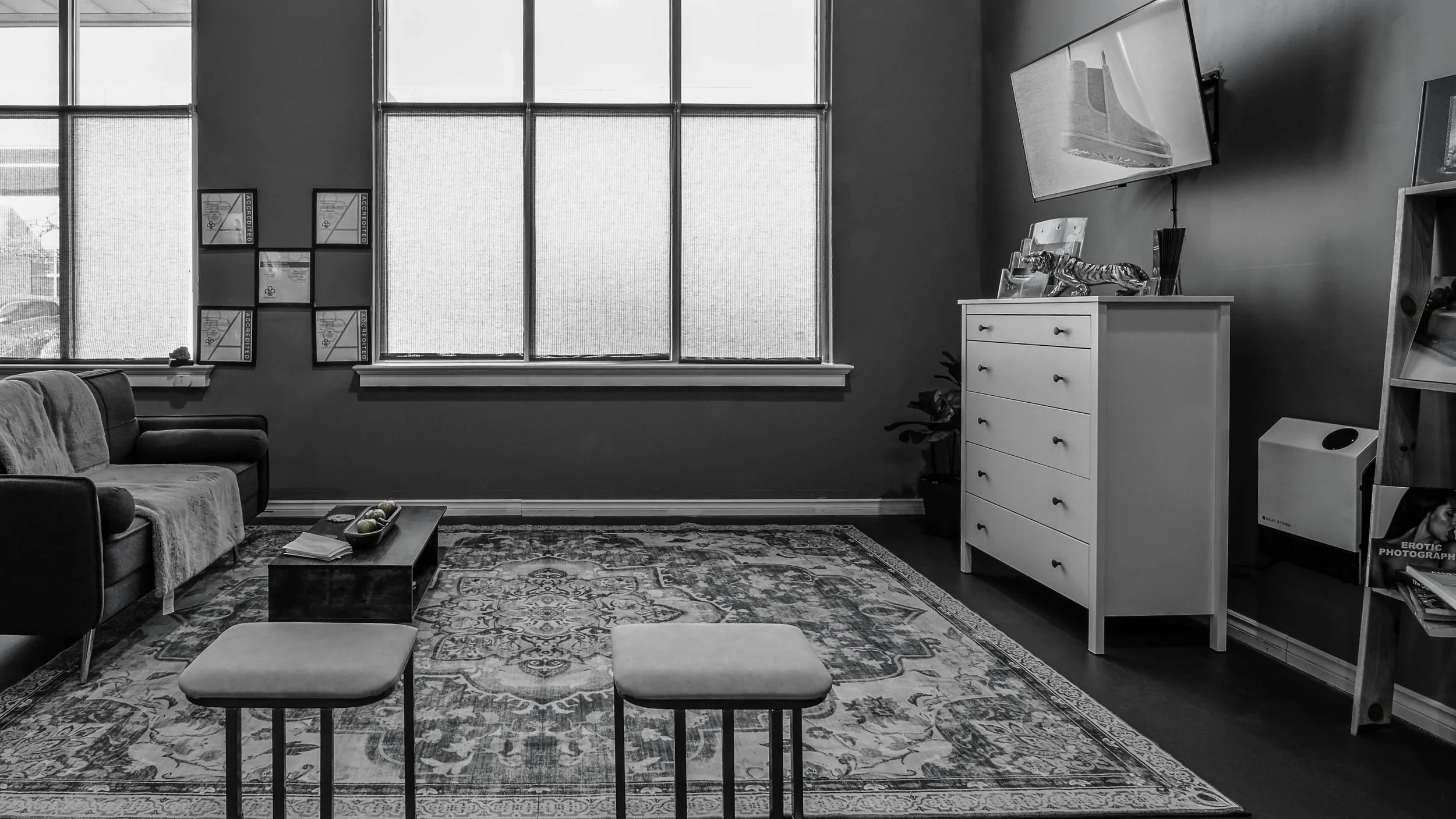 A modern living room with large windows, a patterned area rug, a black sofa with a throw blanket, a coffee table with decorative items, and a white dresser topped with a sculpture and framed photo. A wall-mounted TV displays an image of a shoe, and t