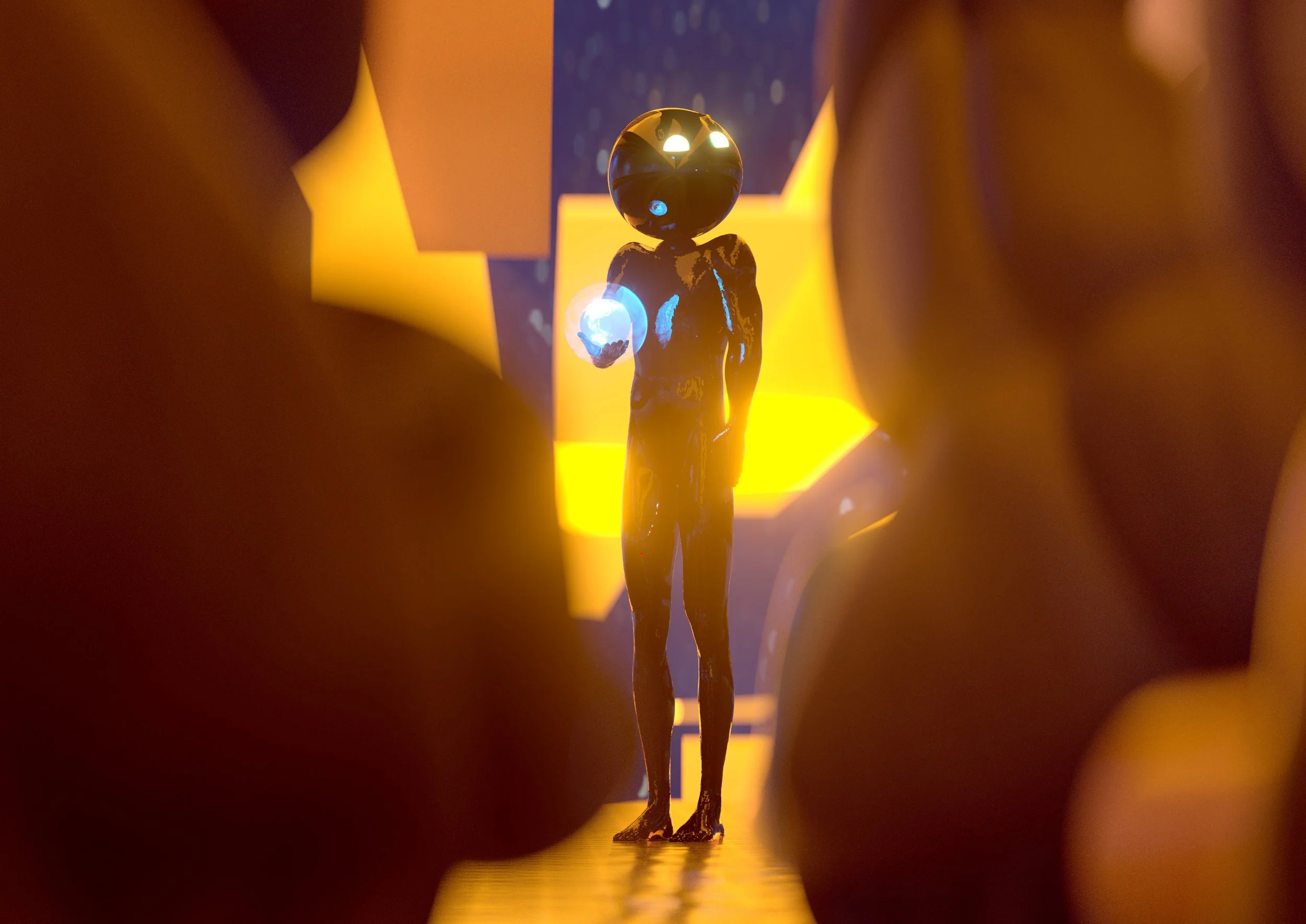 An art installation features a black, human-like figure with a spherical head, holding a glowing orb, surrounded by warm orange and yellow hues and abstract shapes.