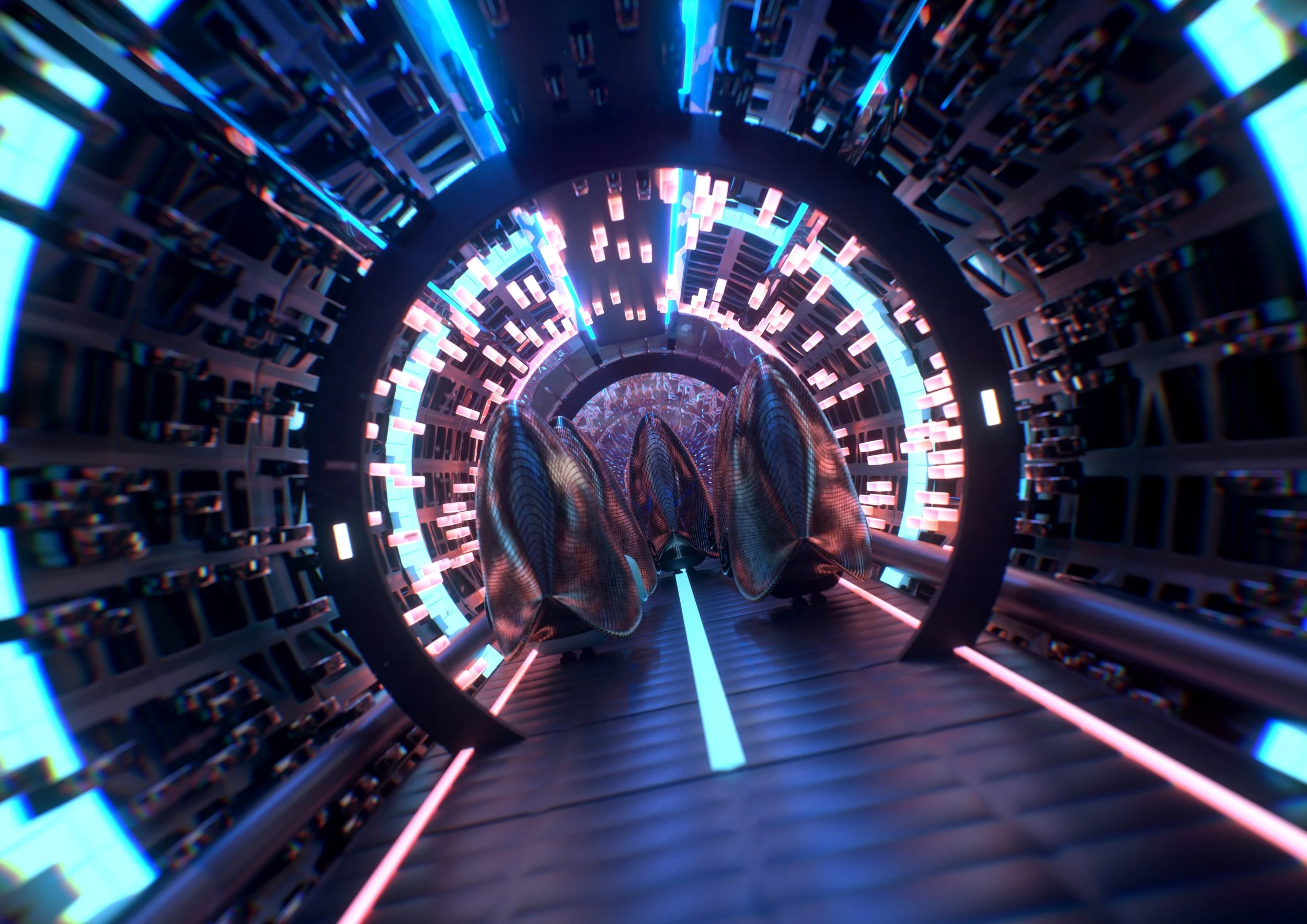 A futuristic digital tunnel with glowing blue and pink neon lights, and a sleek, metallic, abstract spaceship or pod in the center.