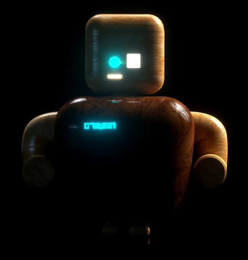 A wooden robot with a digital display on its chest and a glowing face, set against a dark background.