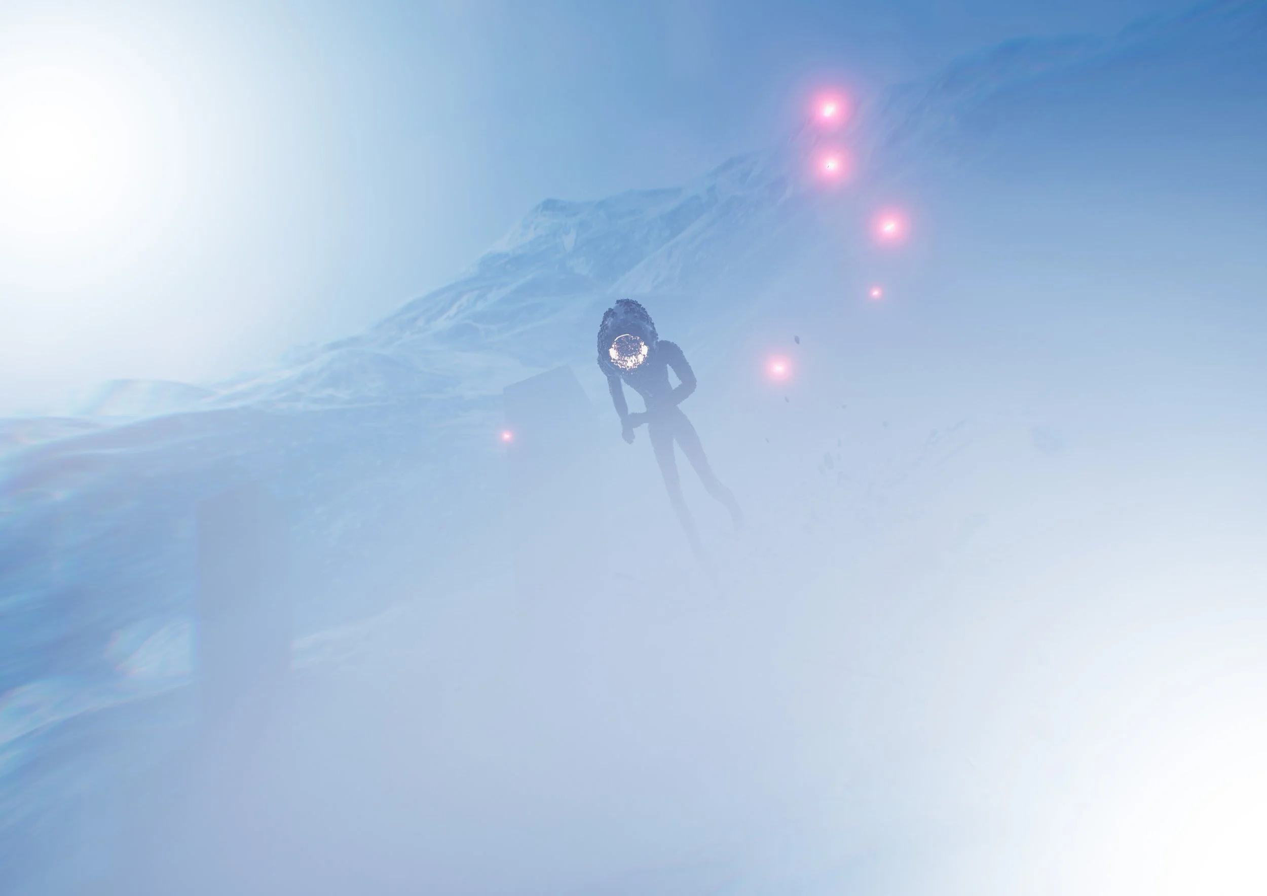 A surreal digital artwork showing a humanoid figure with a bright circular object replacing the face, walking on icy terrain with a mountain in the background. Several glowing pink orbs are floating around the figure.