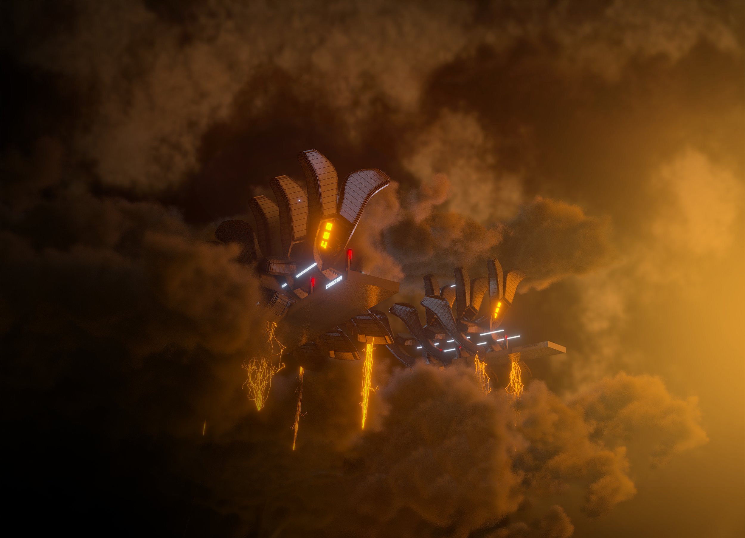 A futuristic spaceship or spacecraft with illuminated lights and glowing orange energy or plasma emitting from the bottom, flying through a dark sky filled with thick, fiery clouds and smoke.