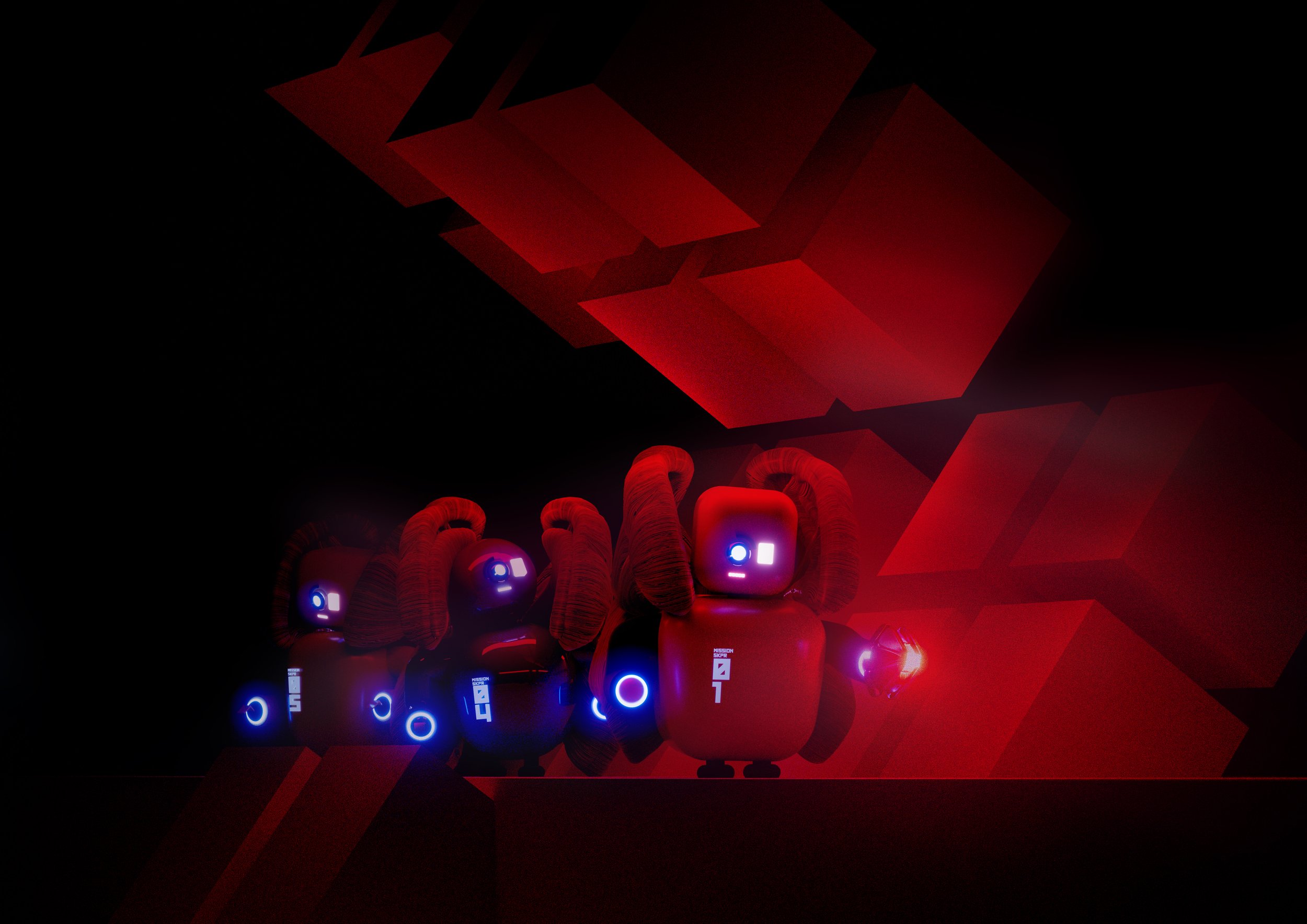 Futuristic robots with glowing lights in a dark, geometric environment.