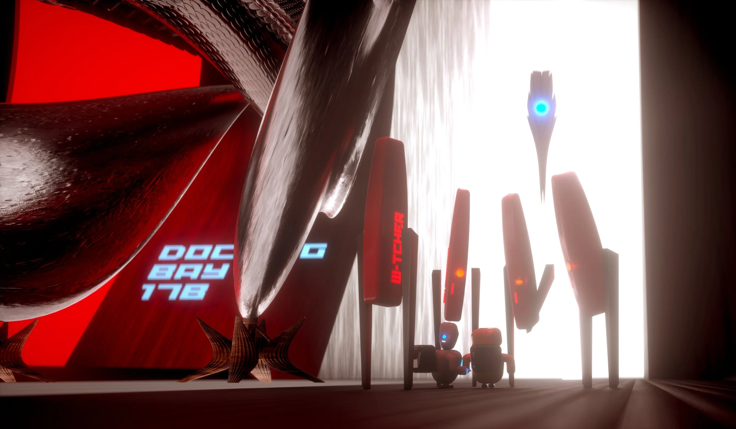 A futuristic scene featuring sleek, glowing robots and vertical signs with illuminated text, set against a bright background with contrasting red and white lighting.