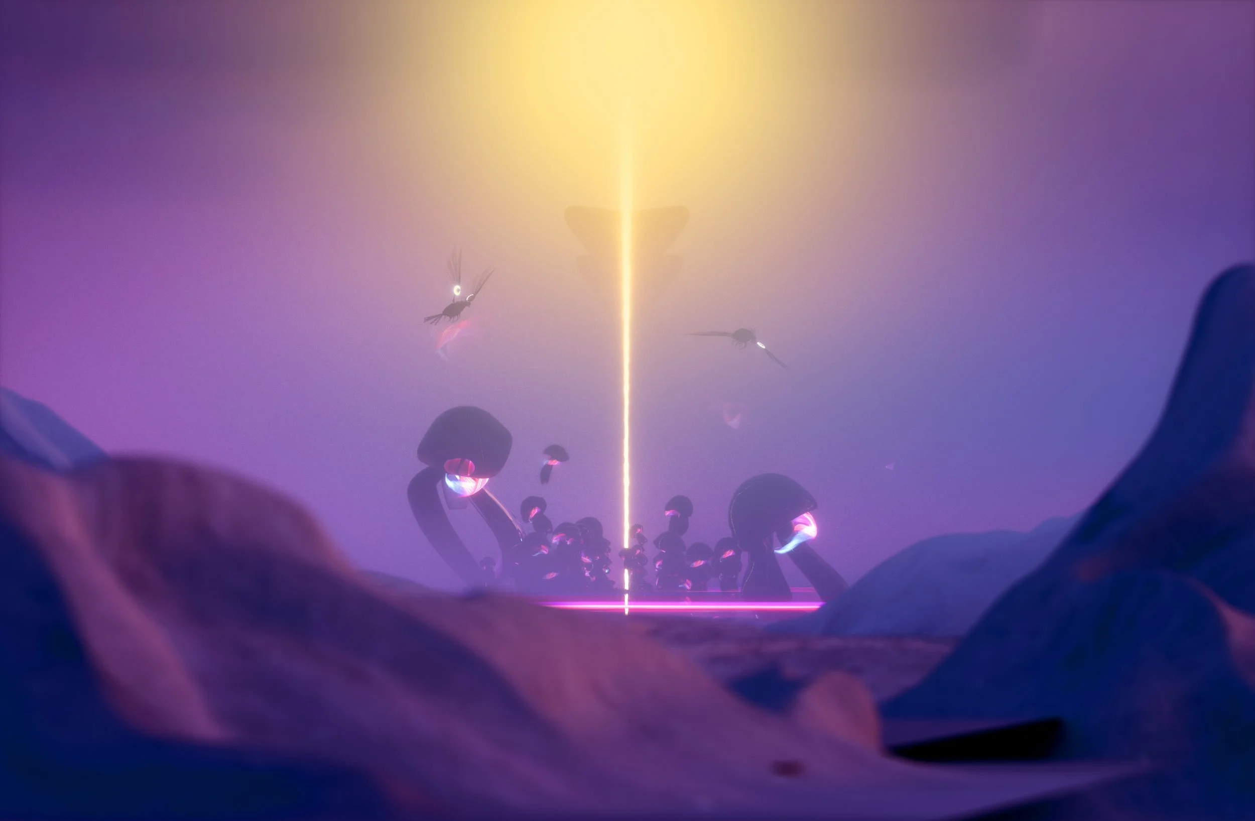 Futuristic digital artwork with glowing mushrooms and flying insects against a purple and yellow background, featuring a central vertical light beam.