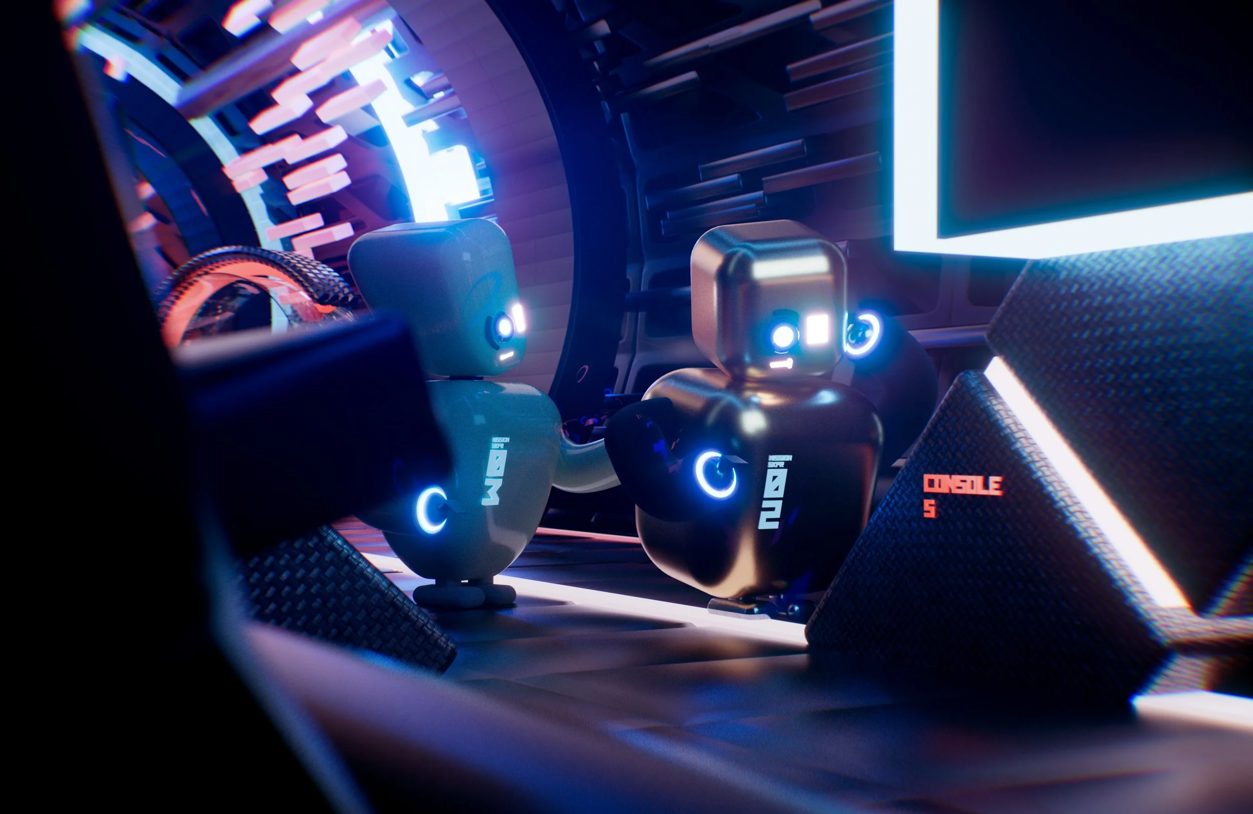 Several small robots with glowing blue accents in a high-tech, futuristic environment with neon lighting and digital displays.