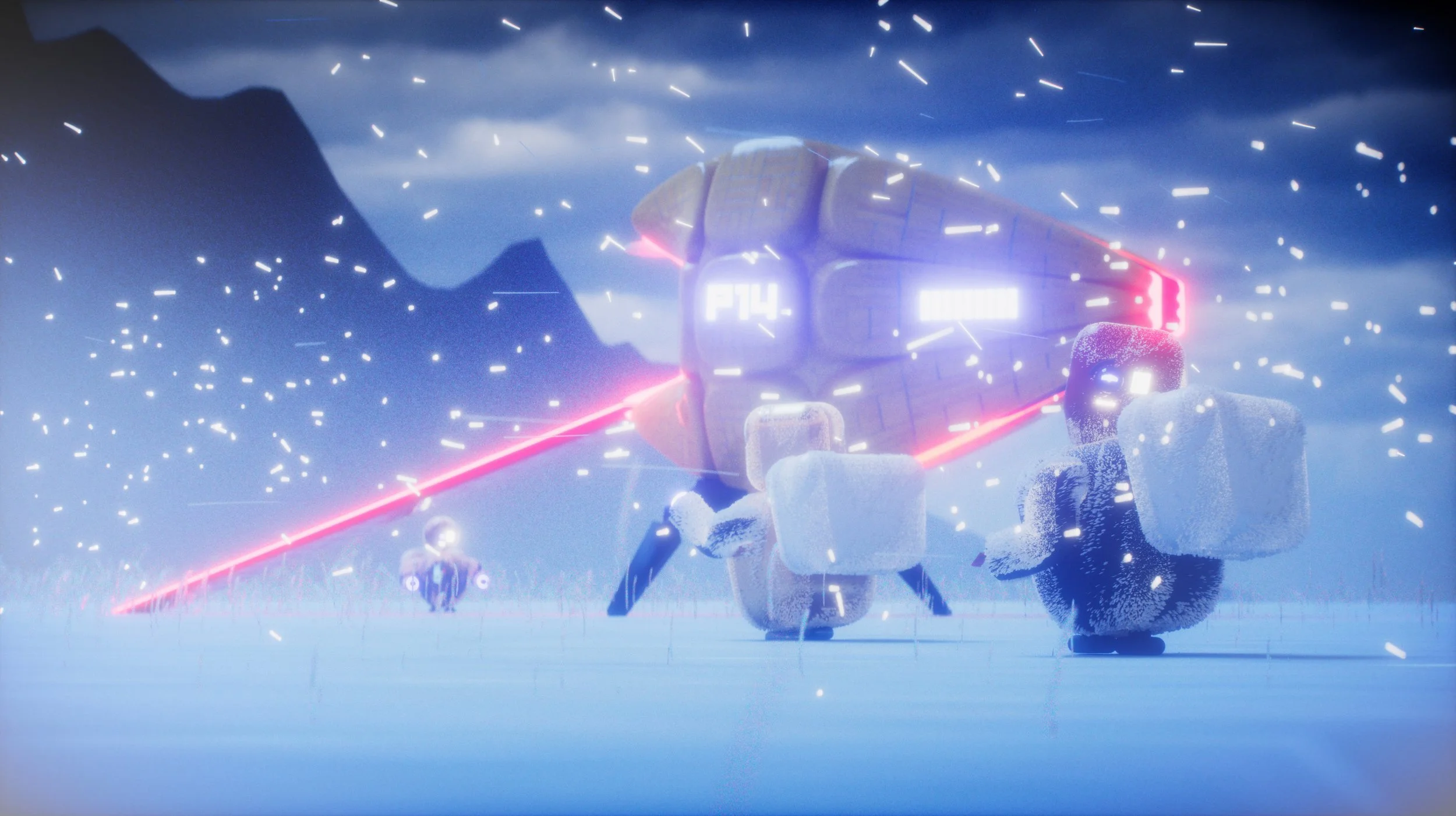 A futuristic snow-covered scene featuring a large spacecraft with glowing LEDs and red laser beams, surrounded by robots or drones in a cold environment with snow and mountains in the background.
