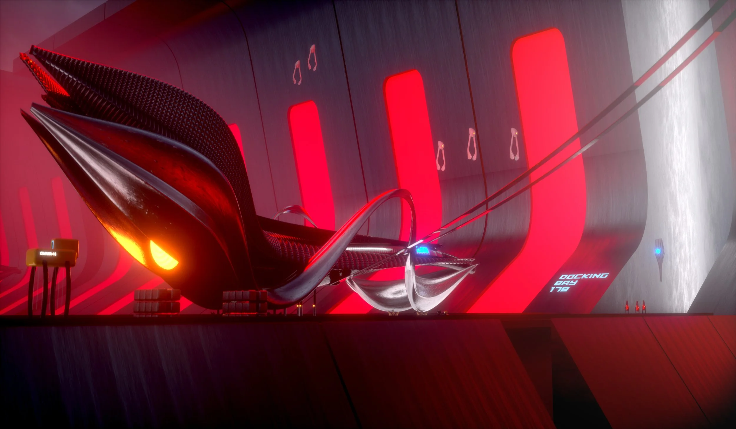 Futuristic spaceship or craft with sleek black and red design on a red-lit hangar or docking bay interior.