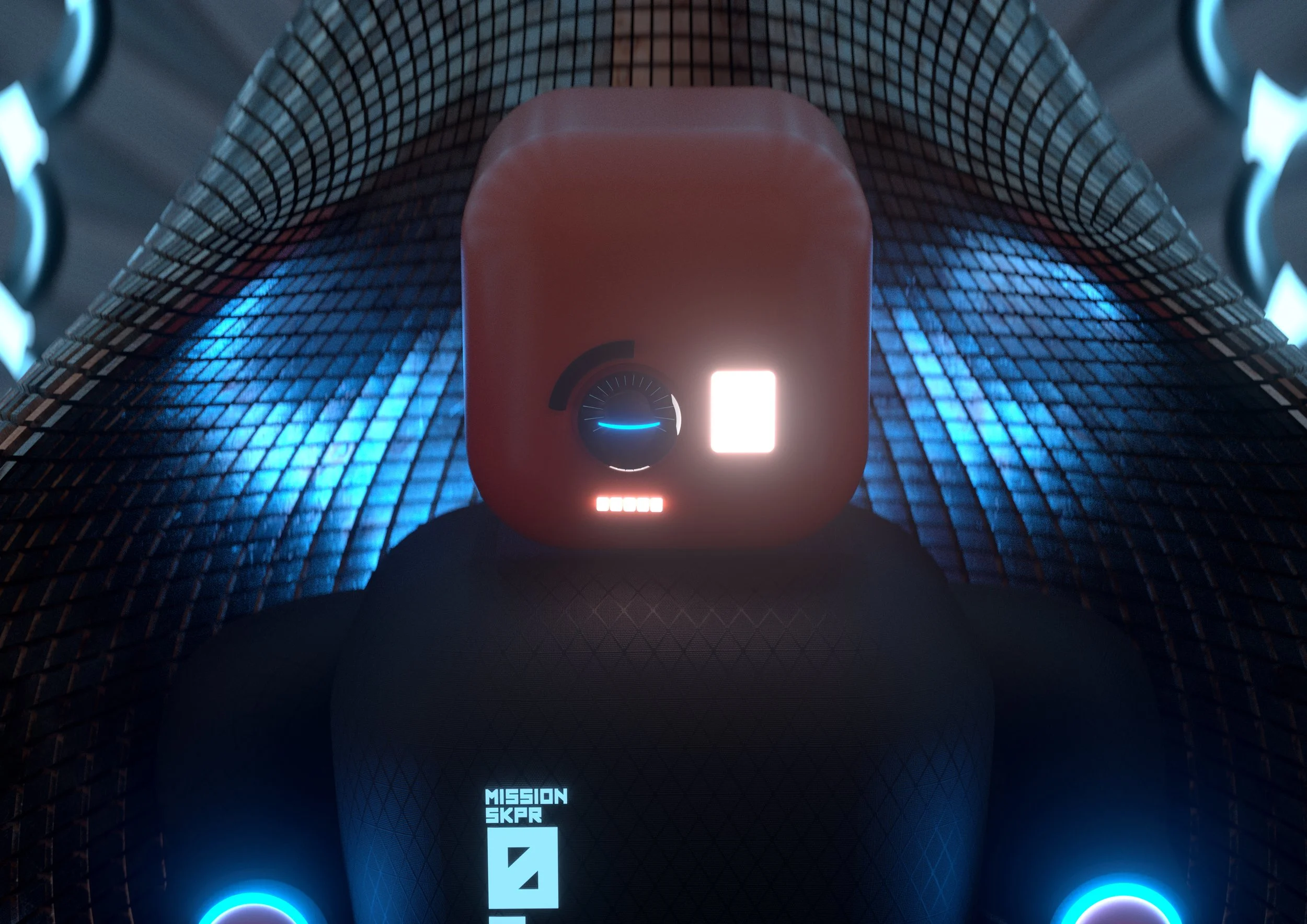 A futuristic robot with a rounded red head, one glowing blue eye, and a white illuminated rectangular face area, set inside a metallic tunnel with blue lighting accents.