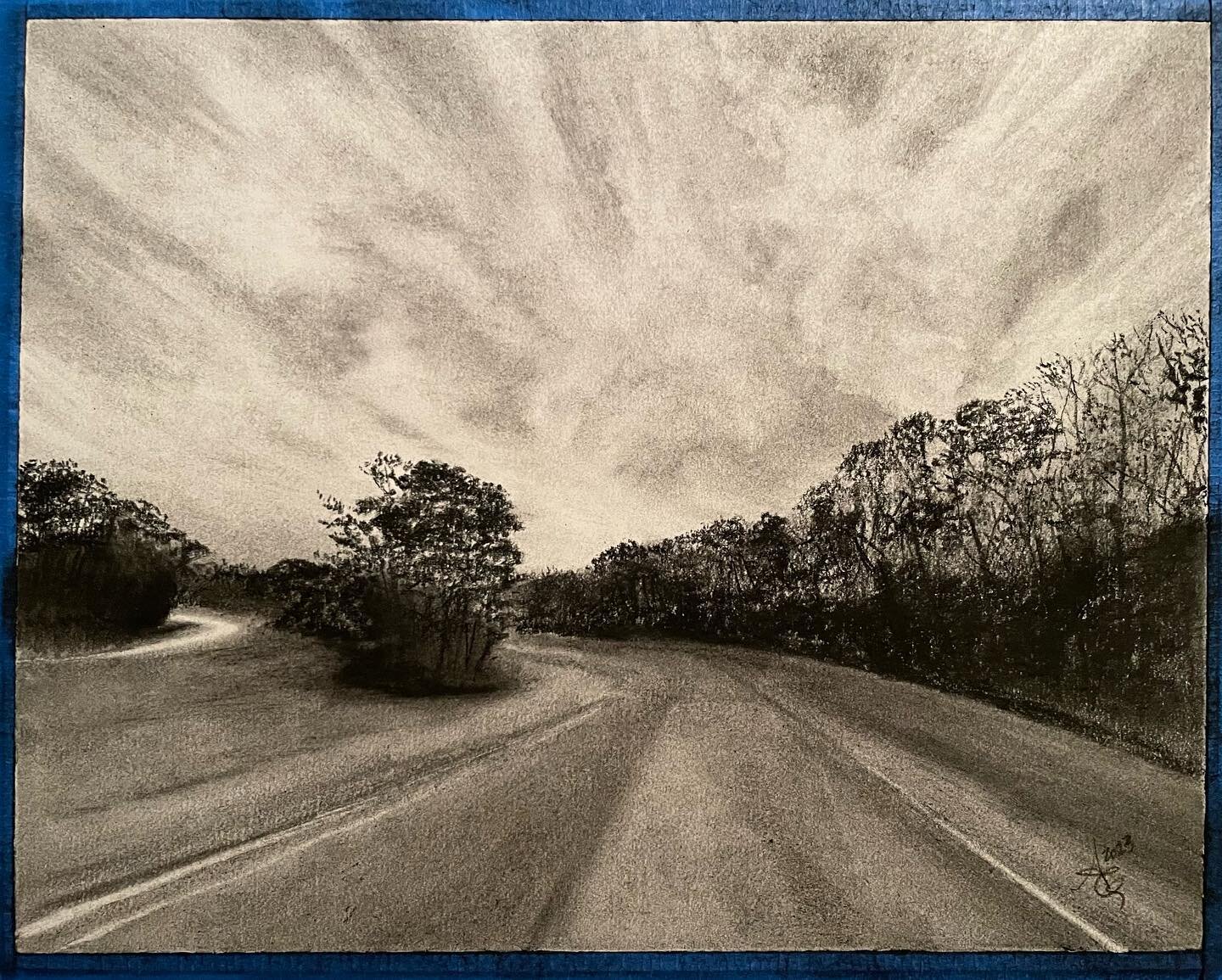 two years (and a bunch of commissions) later.. i&rsquo;m back to drawing landscapes. started off with a small 8x10&rdquo; to get back into it🍂🍁☁️
*
*
#charcoaldrawing #charcoalart #landscape #clouds #trees #road