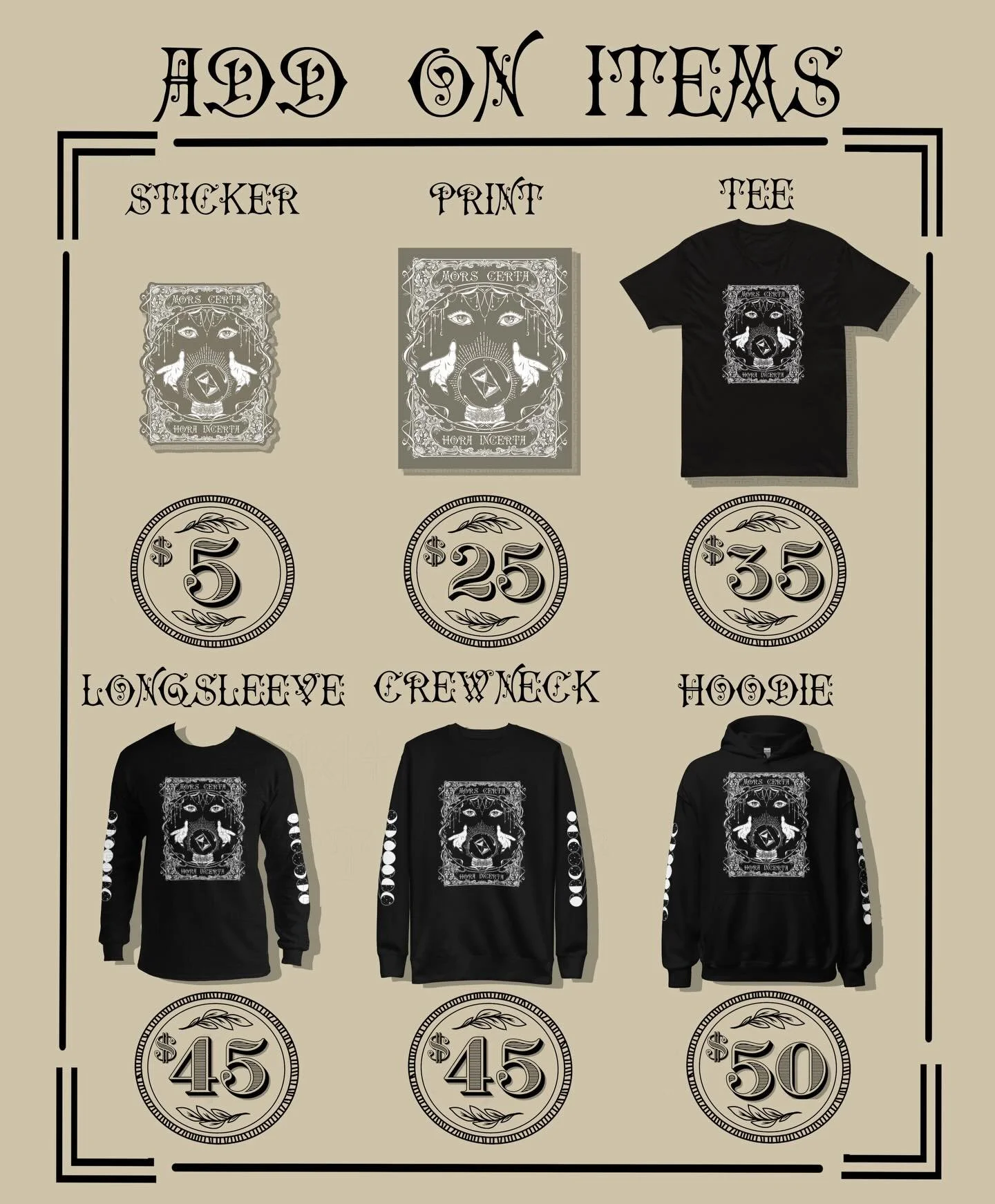 🤍🖤 Here are all the add on items to choose from!!

You can really customize your pledge to what ever style you like! 

Shipping is already calculated and included in the tier and add on item pricing so no after project shipping fees!

#gothic #taro