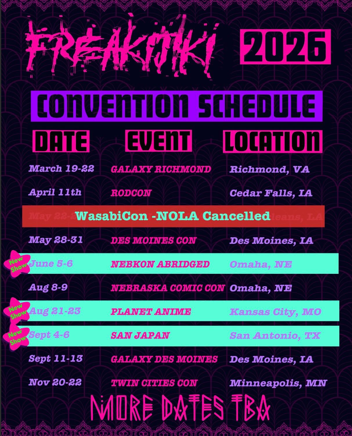 Some Con Updates!!

3, COUNT EM! 3 NEW SHOWS ADDED!

NebKon Abridged, Planet Anime, AND San Japan!

WasabiCon Nola cancelled con last minute on us so I am sorry to say I will not see you all in a few weeks 💔

Still waiting on few more applications s