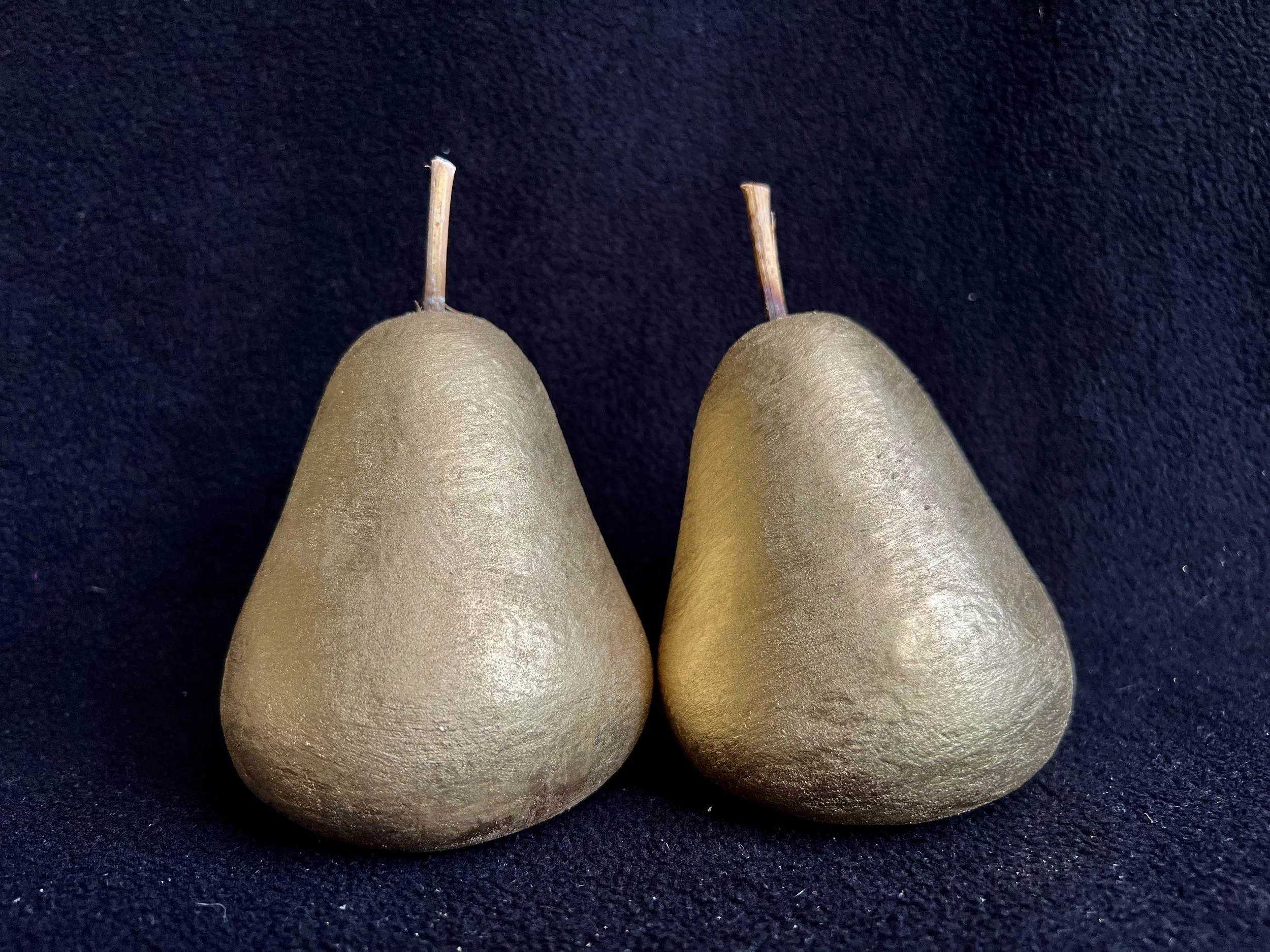  Golden Pears. Each one is H:12cm x W: 8cm x W: 8cm. Made from plaster and wood. $ TBA