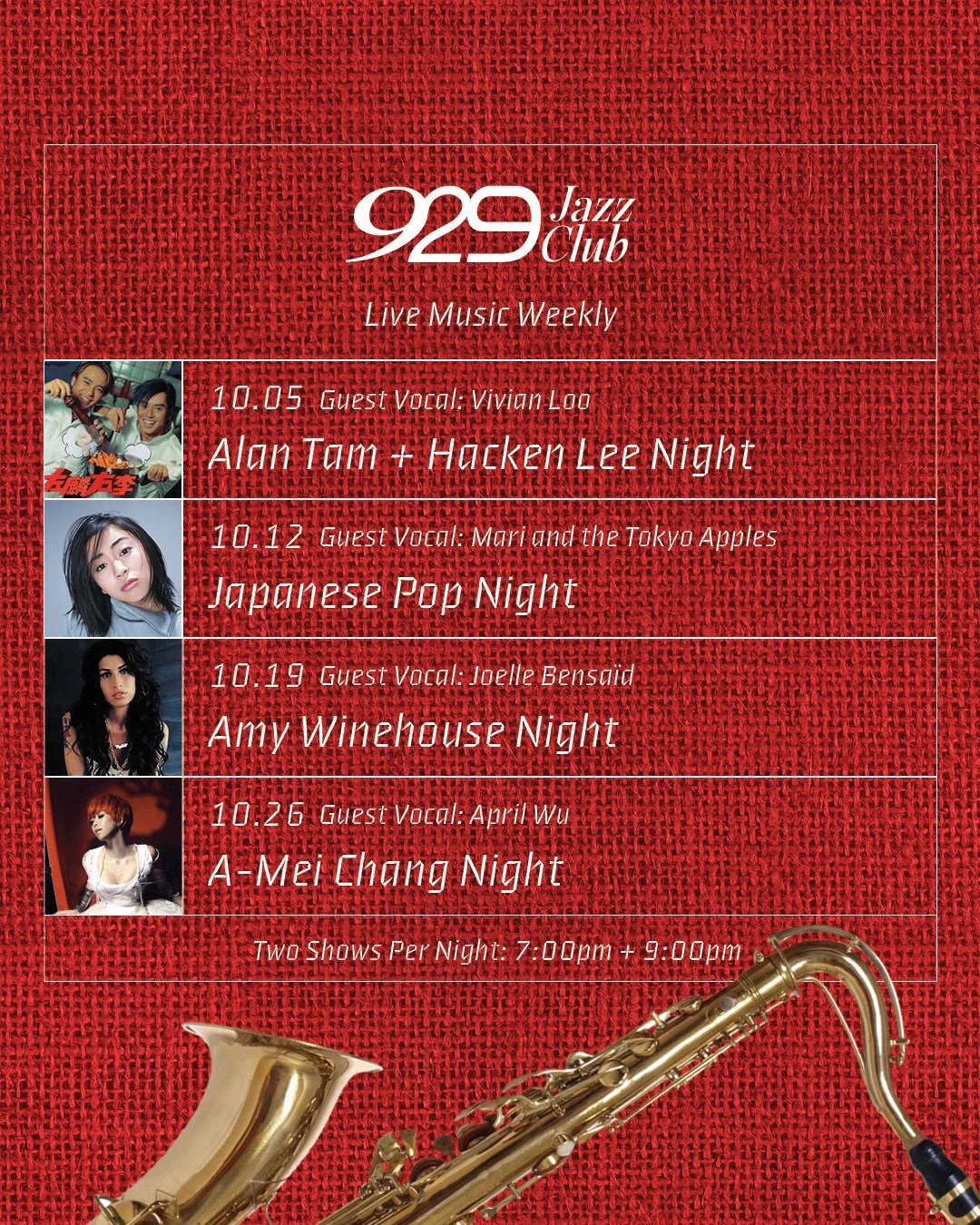 Event poster for 929 Jazz Club with scheduled performances and guest vocalists on a red textured background, featuring a partial image of a saxophone at the bottom.