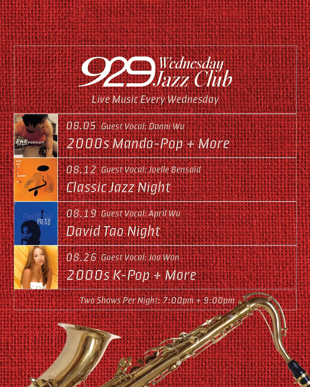 A red textured background poster advertising a jazz club event series called 929 Wednesday Jazz Club, featuring live music each Wednesday with guest vocalists, including Danni Wu, Joelle Bensaid, April Wu, and Joo Won, with details about the dates and genres performed, alongside a saxophone at the bottom right corner.