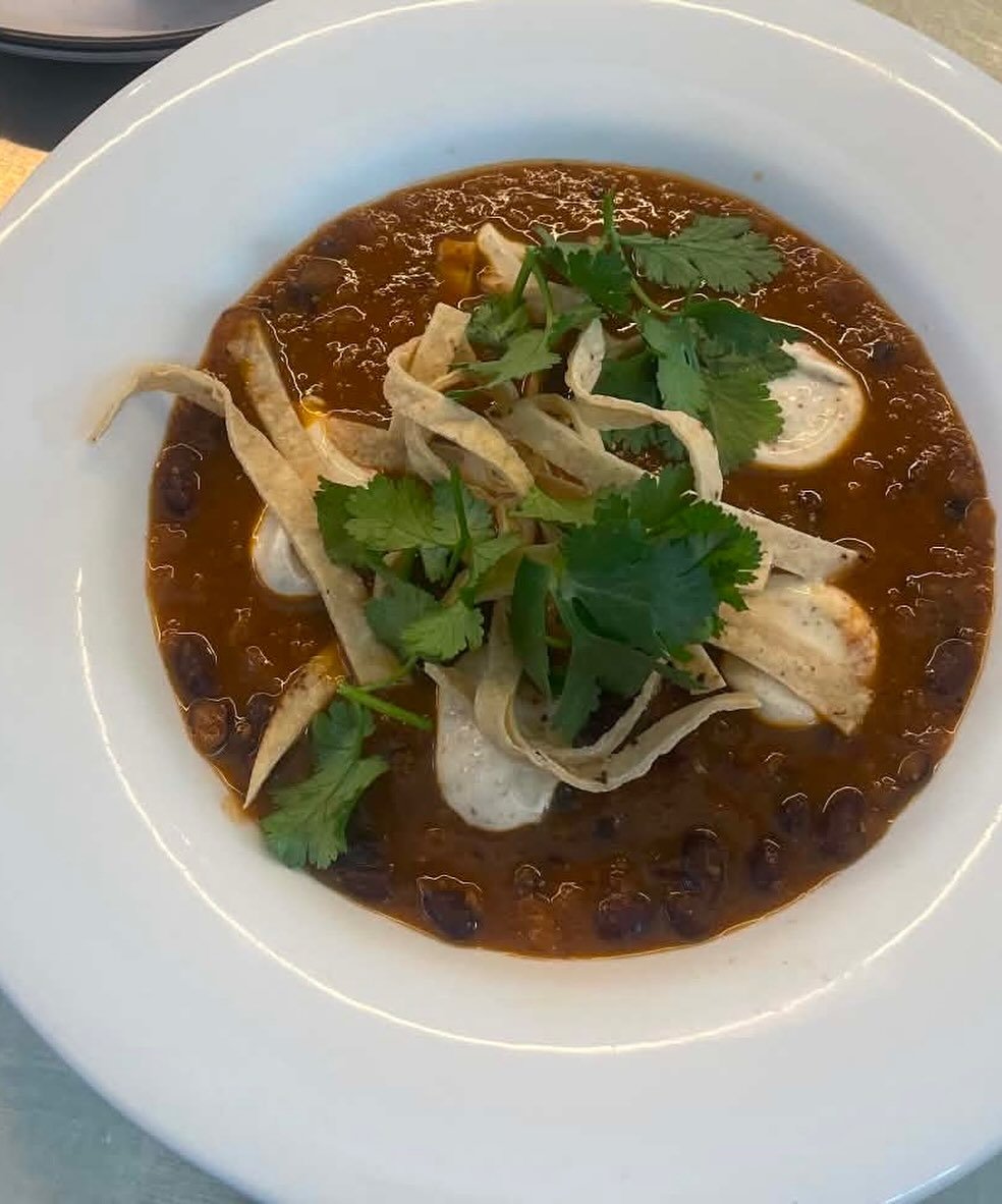 Black bean soup, crispy tortilla, lime crema, coriander - lunch 11.30 - 2pm