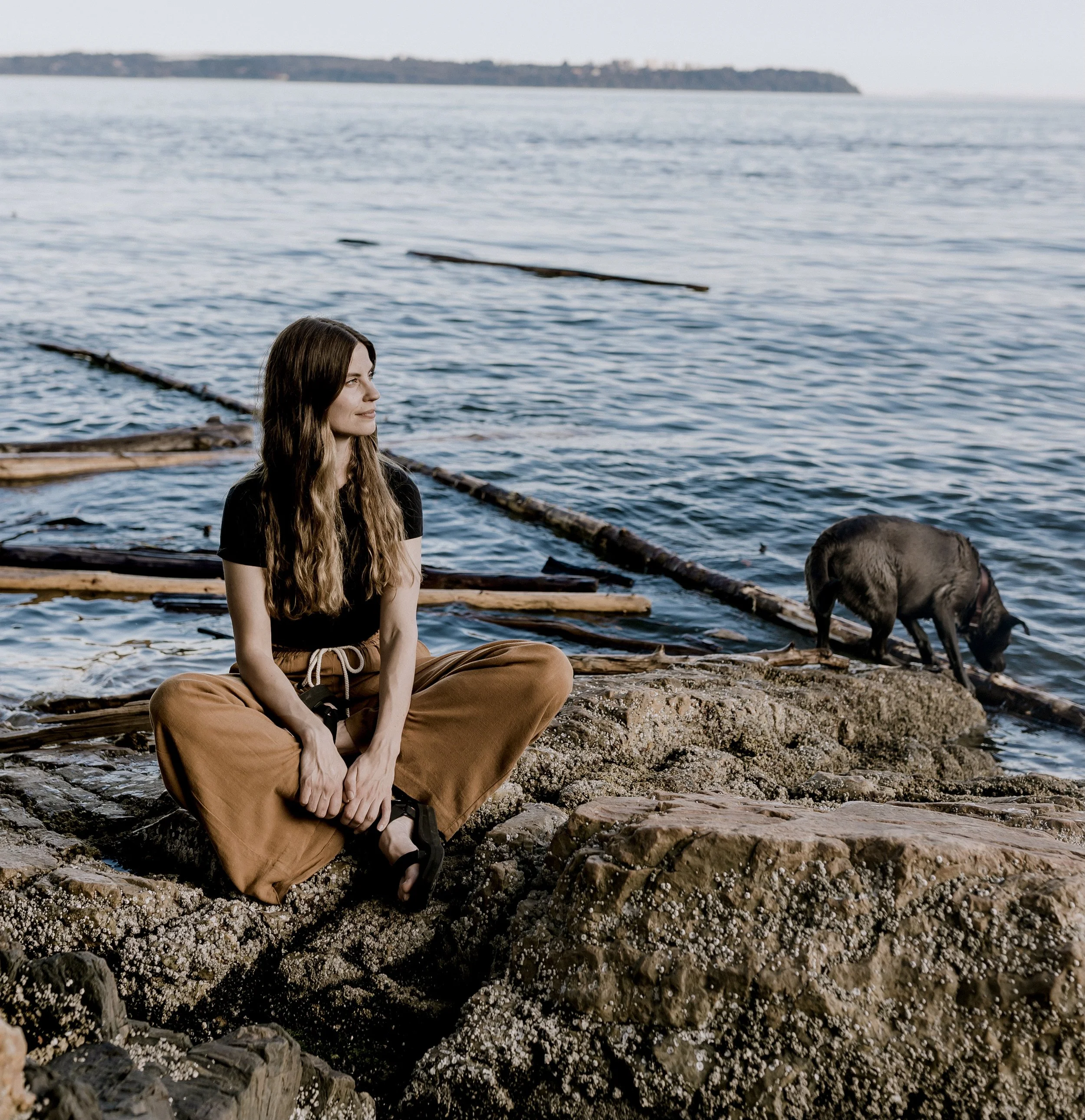 A woman with long brown hair sitting on rocks by the water, looking to her left, with a black dog sniffing the ground nearby. There are wooden logs in the water and a distant shoreline in the background.