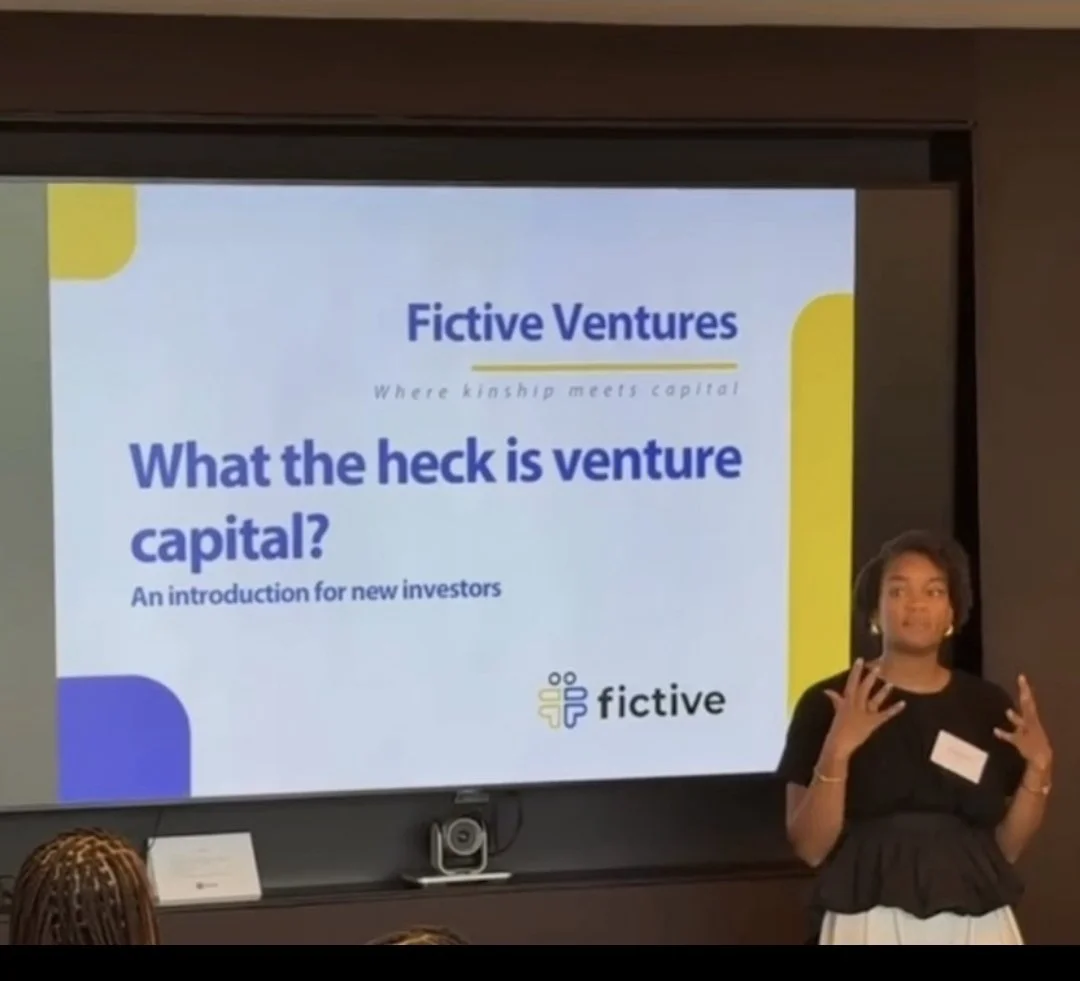 Khadijah Robinson speaking during a presentation titled "What the heck is venture capital?"