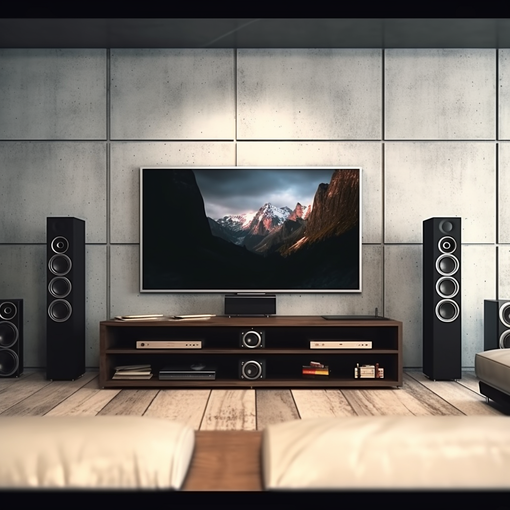 Modern home theater setup with flat-screen TV, mountains on display, flanked by tall speakers, wooden media console with audio equipment, light-colored sofas in foreground, concrete wall backdrop.
