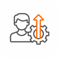 Icon of a person with a gear and upward arrow, symbolizing growth or improvement.