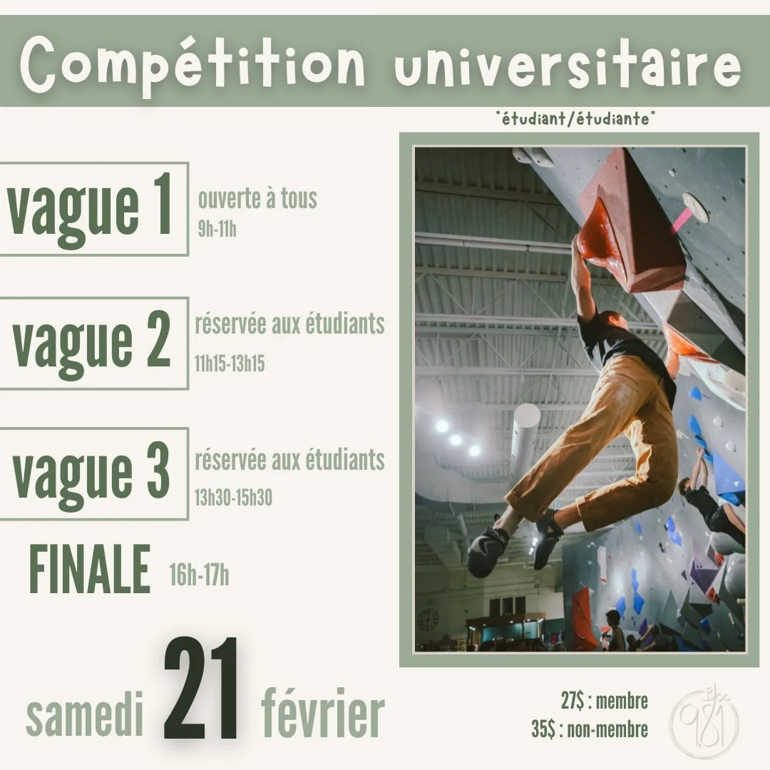 UNIVERSITY COMPETITION 🎓 at BLOC 9.81
👉 FEBRUARY 21, 2026

Schedule:

- 3 rounds: 20 blocks (top 6 blocks for scoring)
- Finals: top 6 men and top 6 women🥇
- Food and drinks 🥤

Even if you're not &agra