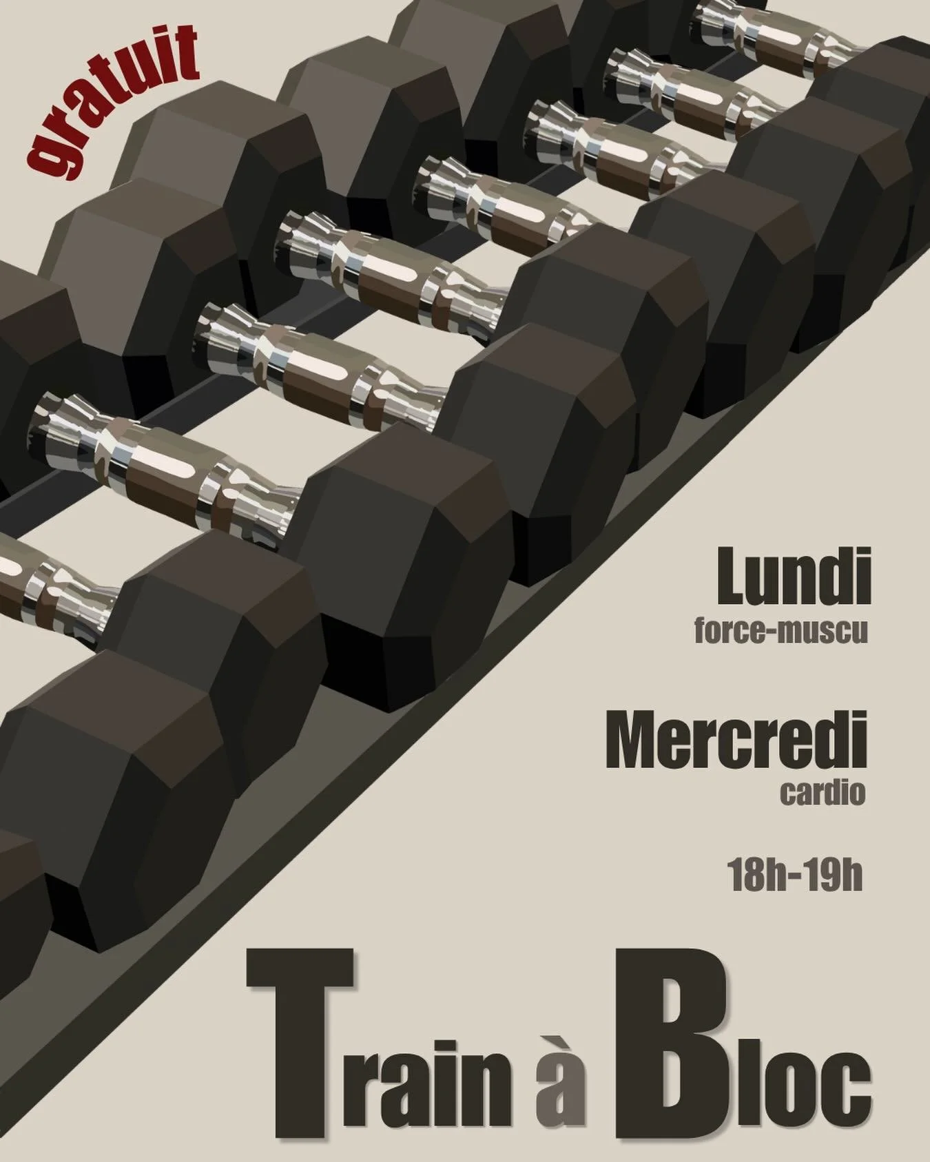 TRAIN &Agrave; BLOC💪

S&eacute;ances d&rsquo;entra&icirc;nements de groupe :

- aucun niveau requis
- gratuit pour les membres 
- 10$ pour non-membres 

- 2 s&eacute;ances/semaine de 1h 

&mdash; 

Train a bloc 💪

Group training sessions : 
- no le