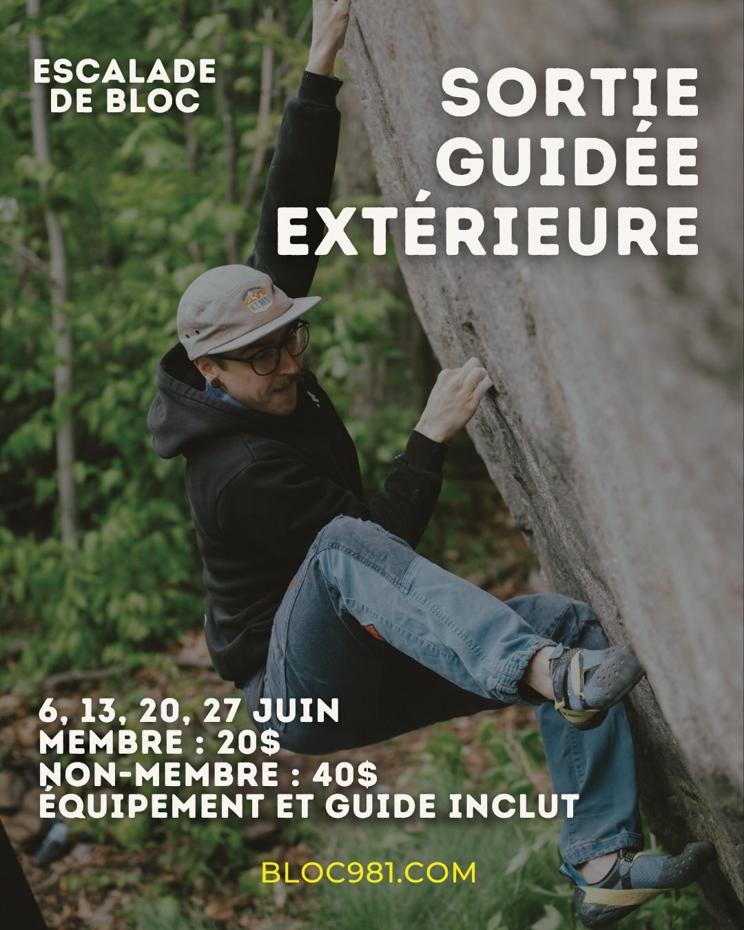 Sorties extérieures 🧗

Toute l’information se trouve sur notre site web !

☀️Join toi à nous pour des séances de bloc à l’extérieur 

😎Équipement et guide inclus dans le tarif, parfait si on sai