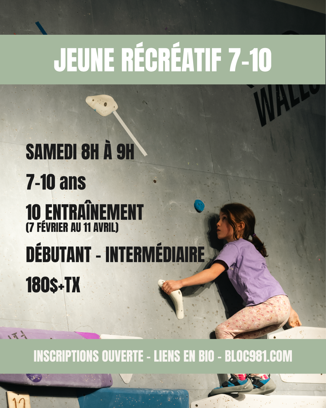 Jeunes 7-10 Horaire : samedis, de 9h à 10h Durée : 10 séances Date de début : 7 février 2026 Prix : 180 $ + taxes