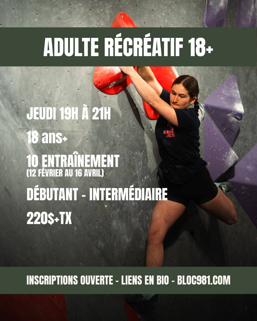 Adulte Horaire : jeudis, de 19h à 21h Durée : 10 séances Date de début : 12 février 2026 Prix : 220 $ + taxes