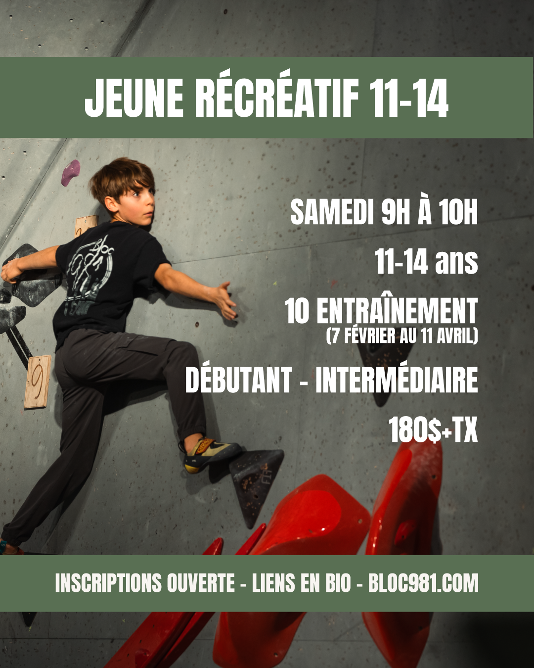 Jeune 11-14 Horaire : samedis, de 9h à 10h Durée : 10 séances Date de début : 7 février 2026 Prix : 180 $ + taxes
