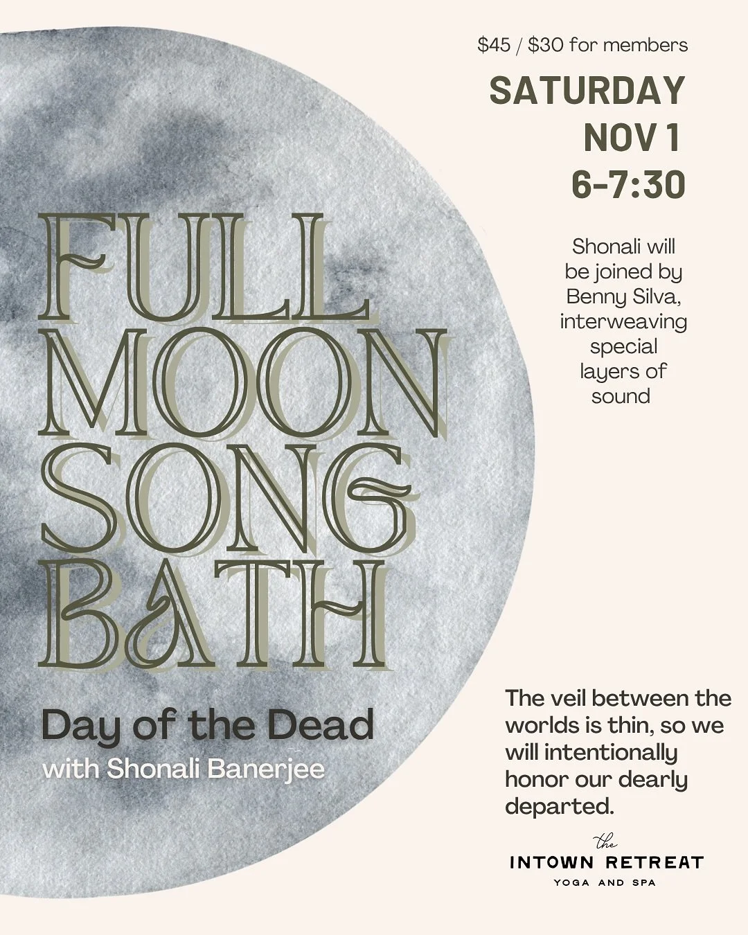 It&rsquo;s time to reserve your place in a very special Day of the Dead Restorative Yoga + Sound Bath experience in collaboration with Benny Silva on an evening when the moon is waxing. 

November 1, 6-7:30p at Intown Retreat Spa &amp; Wellness.

Thi