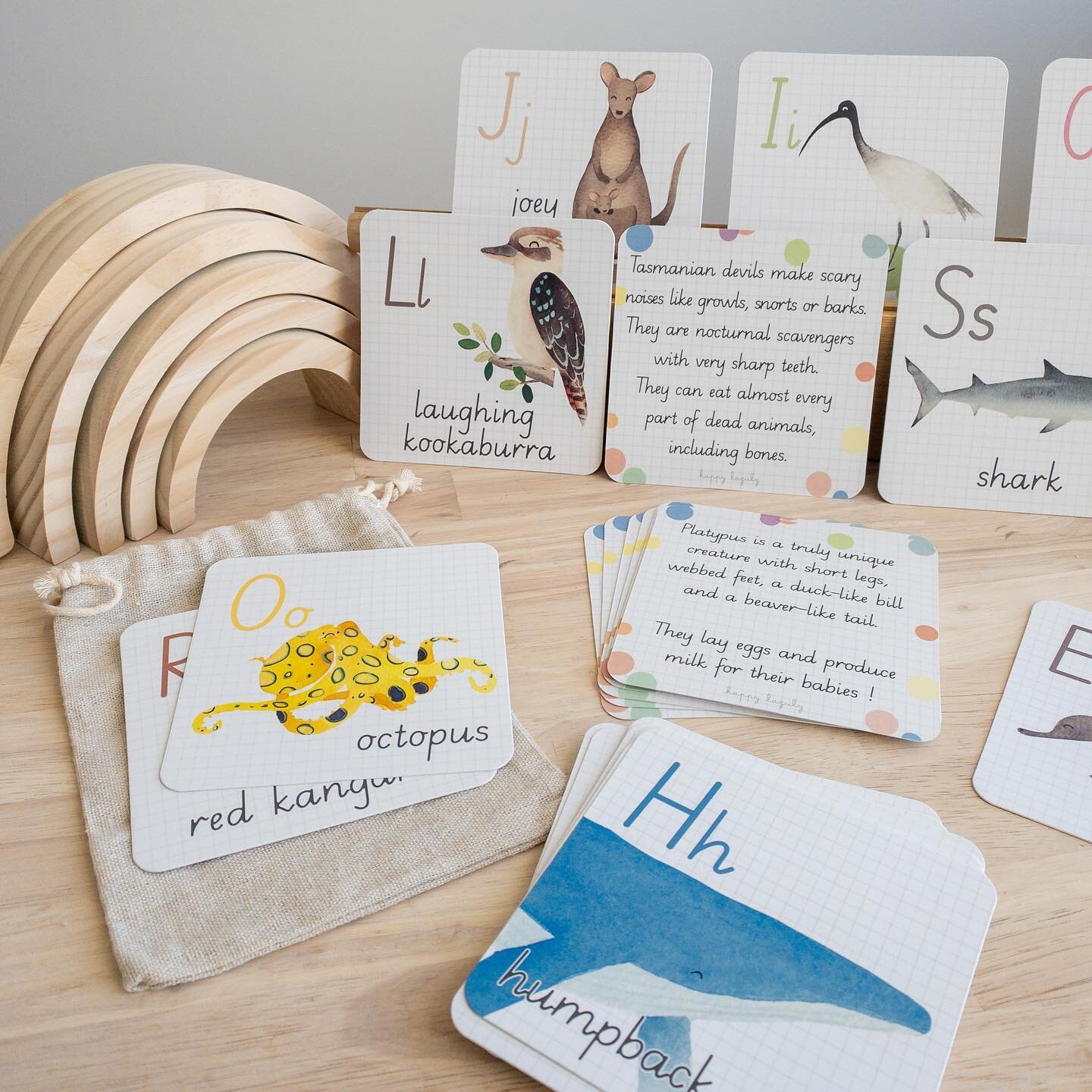 Long time no see here but I keep creating new artwork for kids to learn and love even more our beautiful Australia.

This set of flashcards is handmade here in Fremantle, it is printed on 420gm laminated paper. 

Each ABC flashcards comes with one of