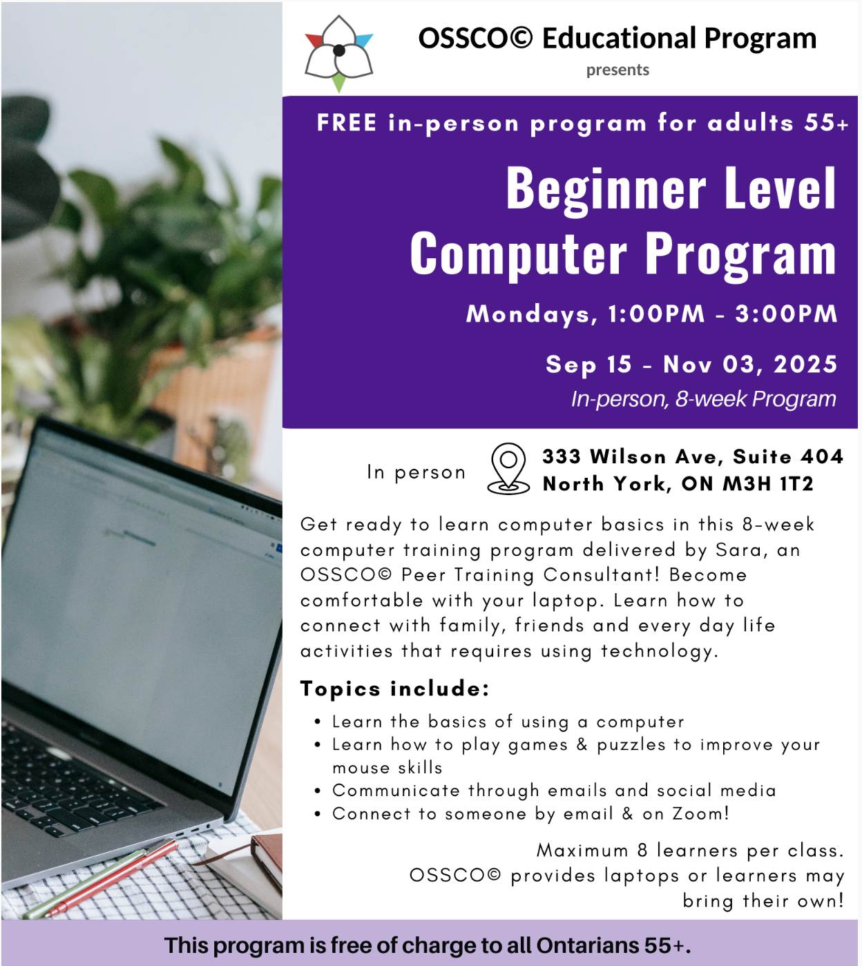 OSSCO - In Person Workshop Monday Afternoons: Beginner Level Computer Skills Program starting Sept. 15, 2025